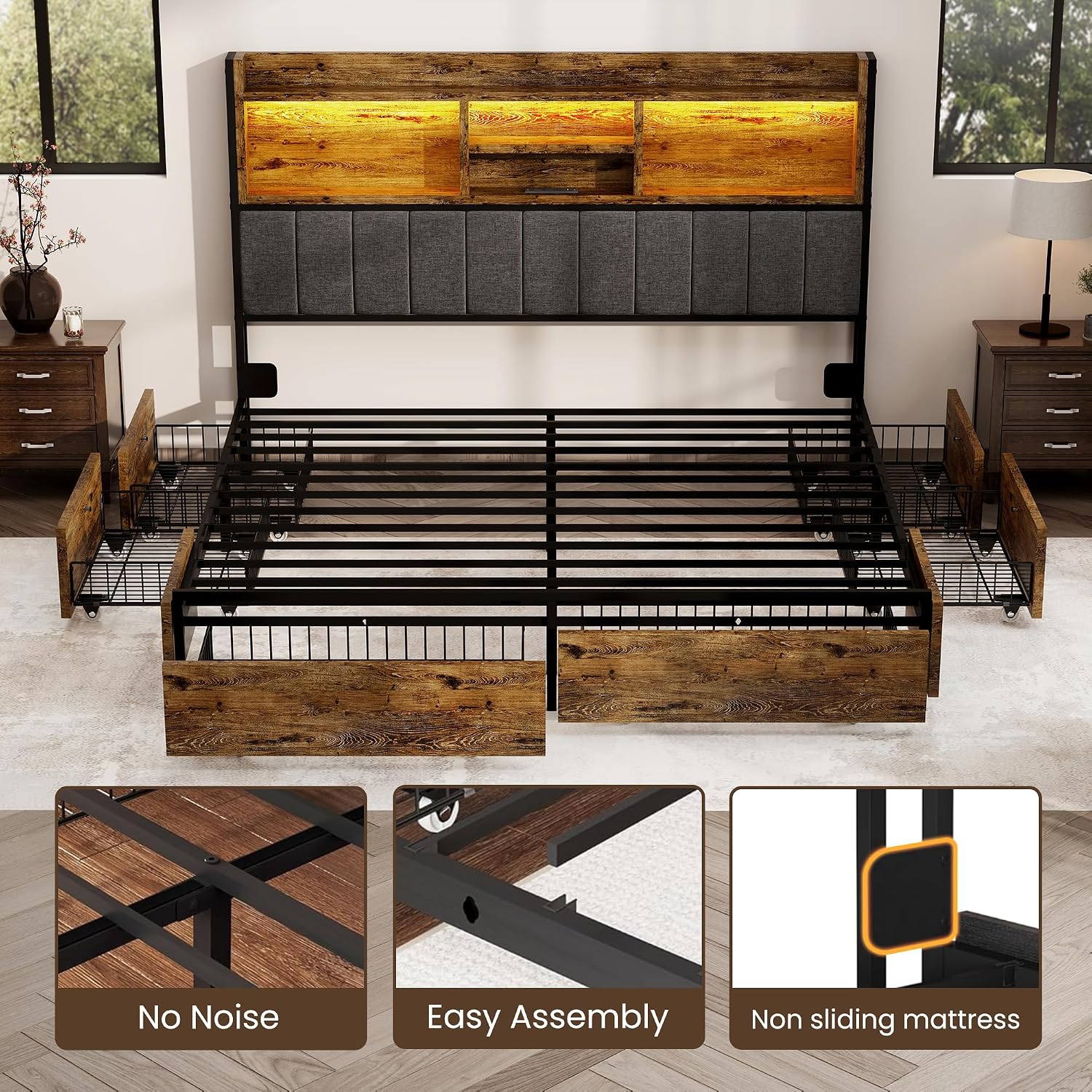 BRELTAM King Bed Frame with 6 Storage Drawers, Linen Upholstered Headboard, Built-in USB Charging Station & LED Lighting, Silent Metal Support, No Box Spring Needed, Vintage Brown