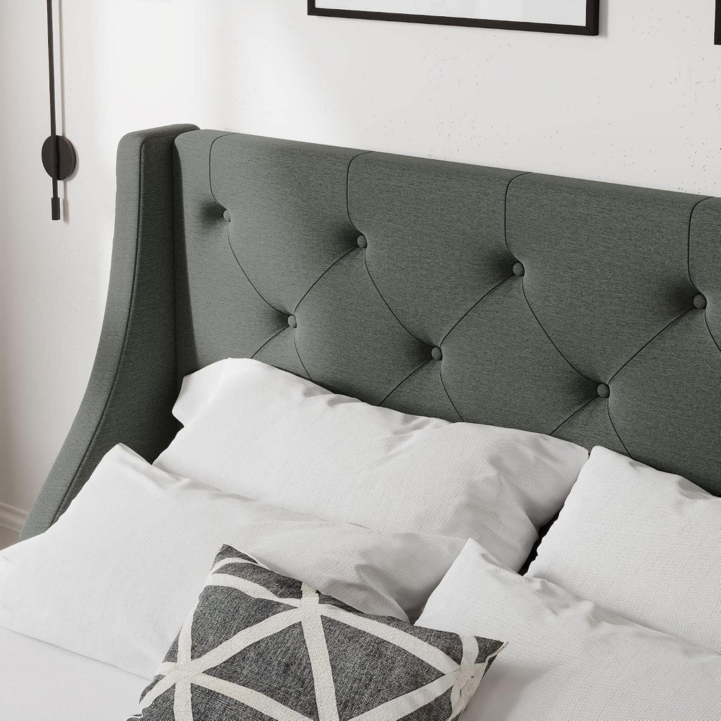 Allewie Full Size Bed Frame with 4 Storage Drawers and Wingback Headboard, Button Tufted Design, No Box Spring Needed, Dark Grey