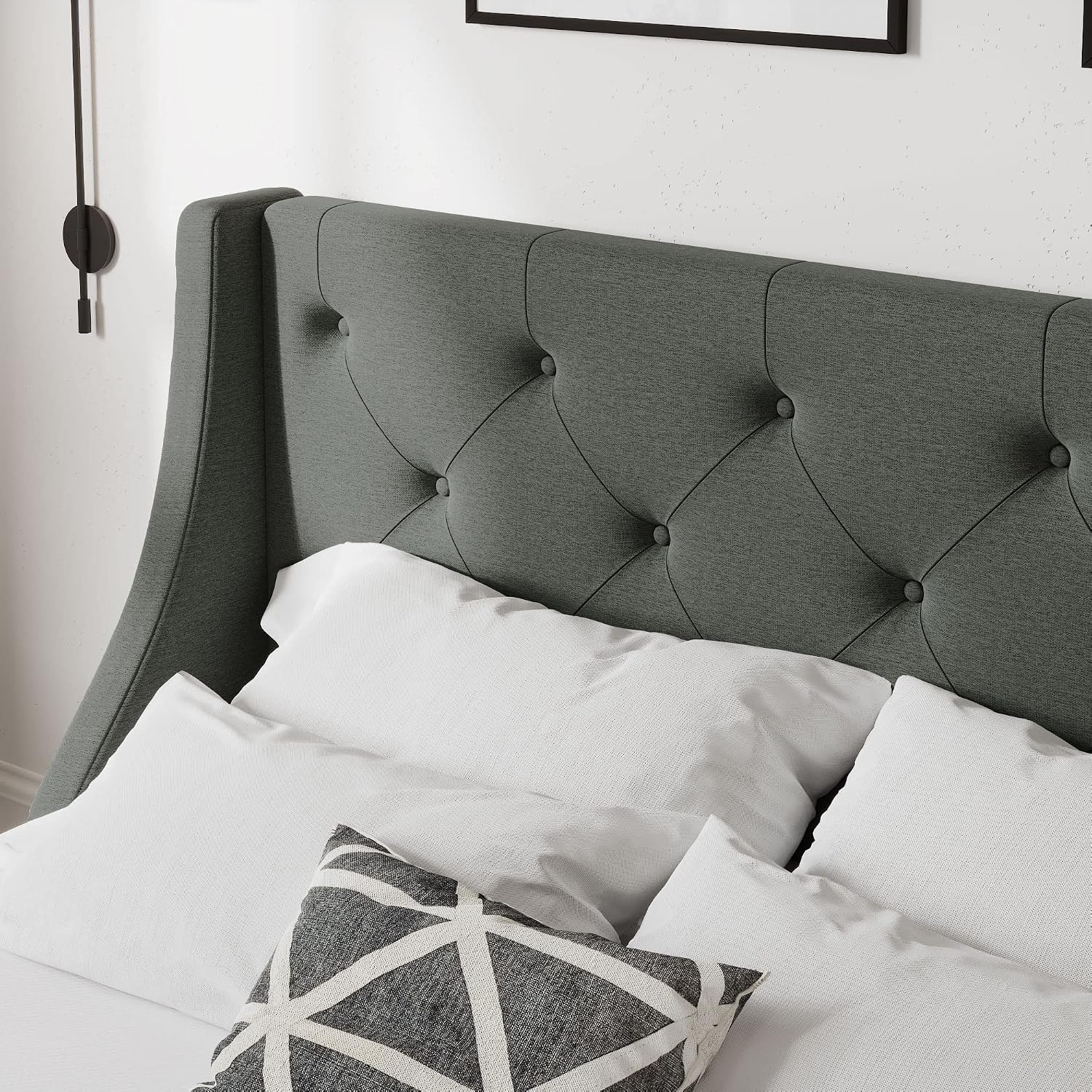 Allewie Full Size Bed Frame with 4 Storage Drawers and Wingback Headboard, Button Tufted Design, No Box Spring Needed, Dark Grey