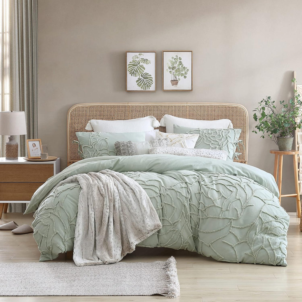 Peri Home 100% Cotton 3-Piece Sage Comforter and Sham Set, Green Chenille Rose, Full/Queen