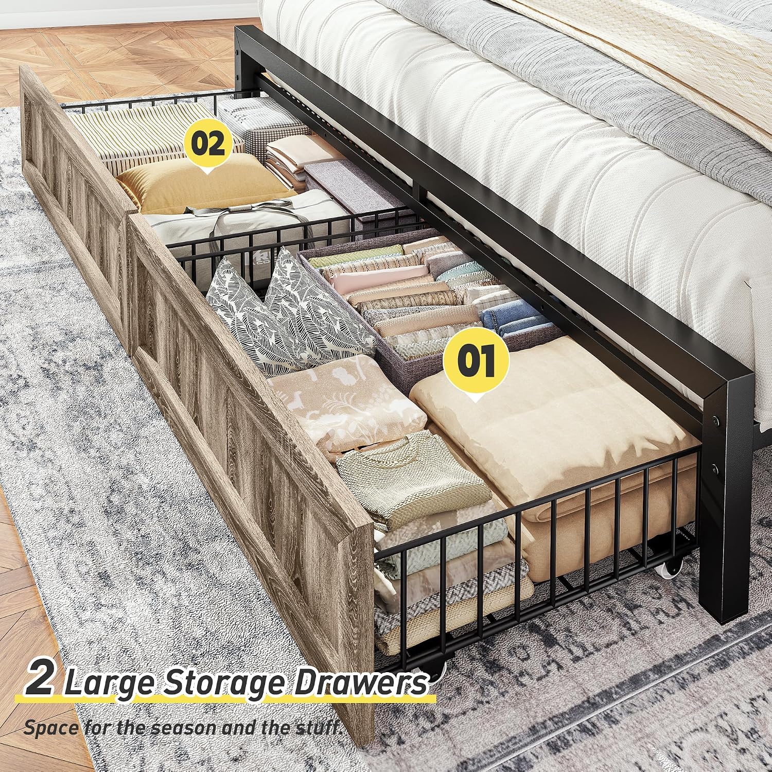 EnHomee Full Size Bed Frame with 2 Storage Drawers and Headboard Full Bed Frame with Built in Charging Station & LED Light,NO Noise,No Box Spring Needed,Light Grey