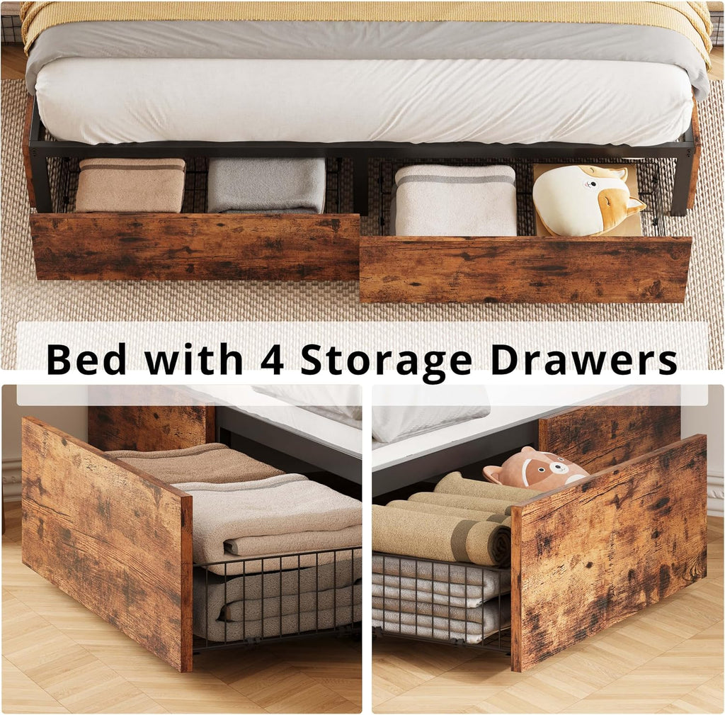 LIKIMIO King Bed Frame with Storage, 4 Drawers and Heavy Strong Metal Support Frames, Solid Stable, No Box Spring Needed, Noise-Free, Easy Assembly, Industrial Brown