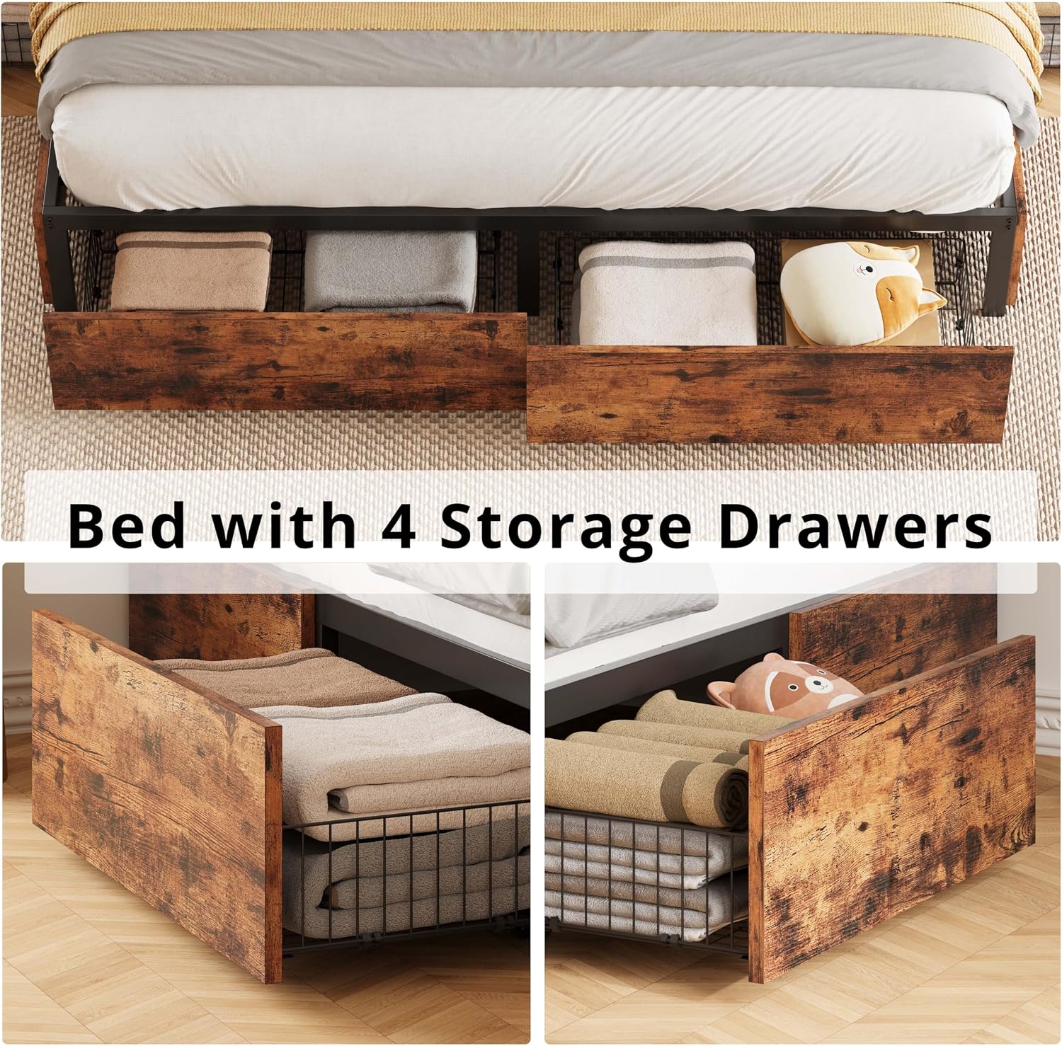 LIKIMIO King Bed Frame with Storage, 4 Drawers and Heavy Strong Metal Support Frames, Solid Stable, No Box Spring Needed, Noise-Free, Easy Assembly, Industrial Brown