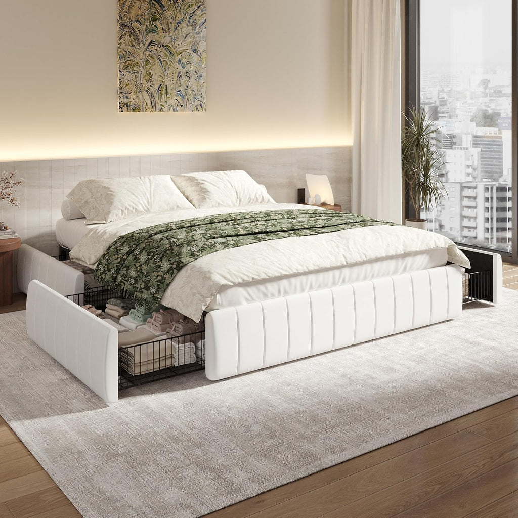 SHA CERLIN Full Size Velvet Upholstered Platform Bed Frame with 4 Storage Drawers, Vertical Channel Tufted, Low Profile, Fits Standard Headboards, Wooden Slats Support, Easy Assembly, White