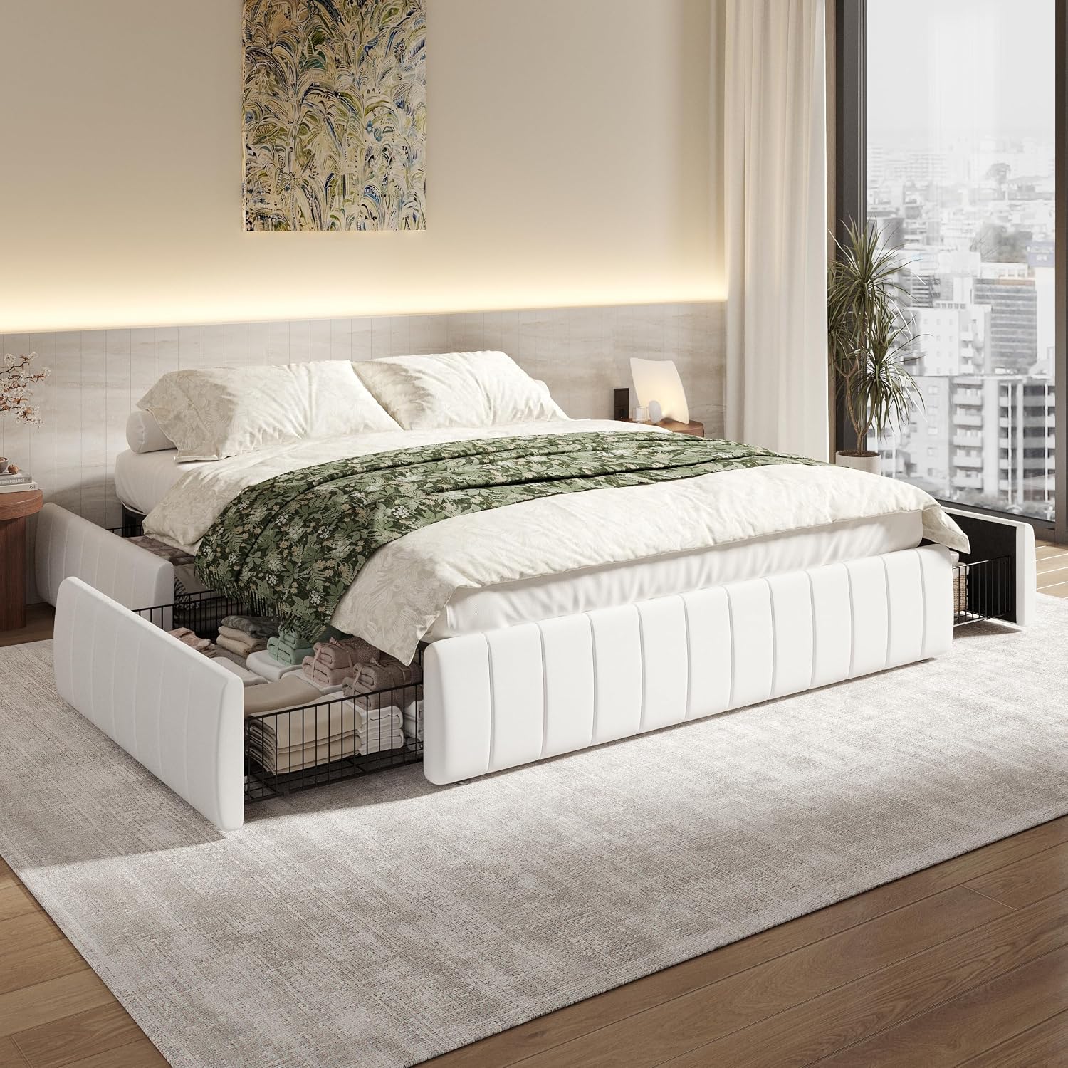 SHA CERLIN Full Size Velvet Upholstered Platform Bed Frame with 4 Storage Drawers, Vertical Channel Tufted, Low Profile, Fits Standard Headboards, Wooden Slats Support, Easy Assembly, White