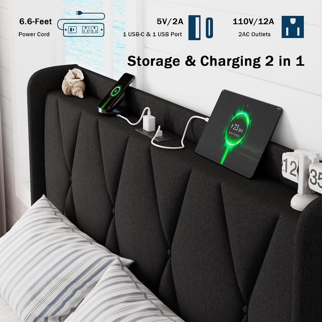 GalnFu Queen Bed Frame with 4 Storage Drawers, Upholstered Platform Bed with Charging Station, Modern Wingback Storage Headboard, Easy Assembly,Noise-Free, Black