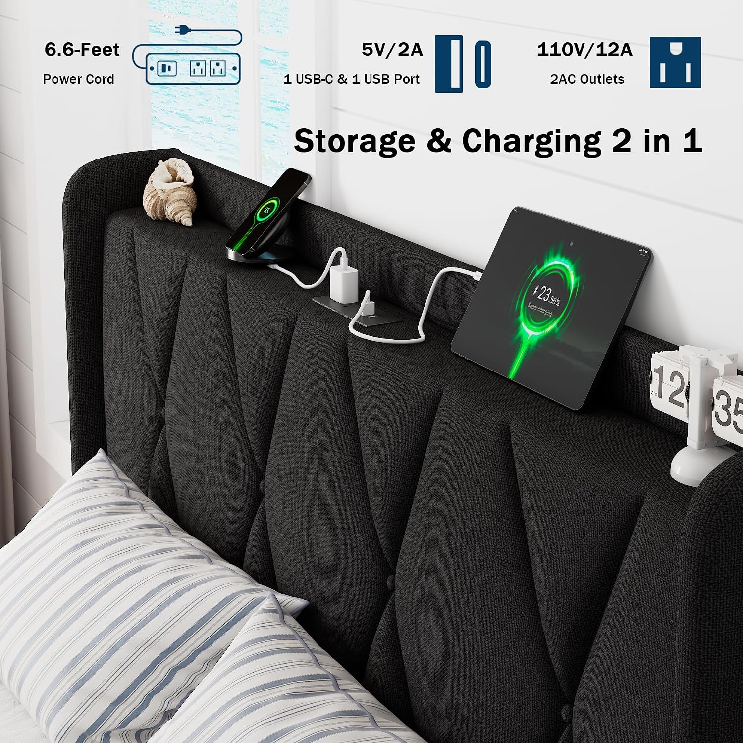 GalnFu Queen Bed Frame with 4 Storage Drawers, Upholstered Platform Bed with Charging Station, Modern Wingback Storage Headboard, Easy Assembly,Noise-Free, Black