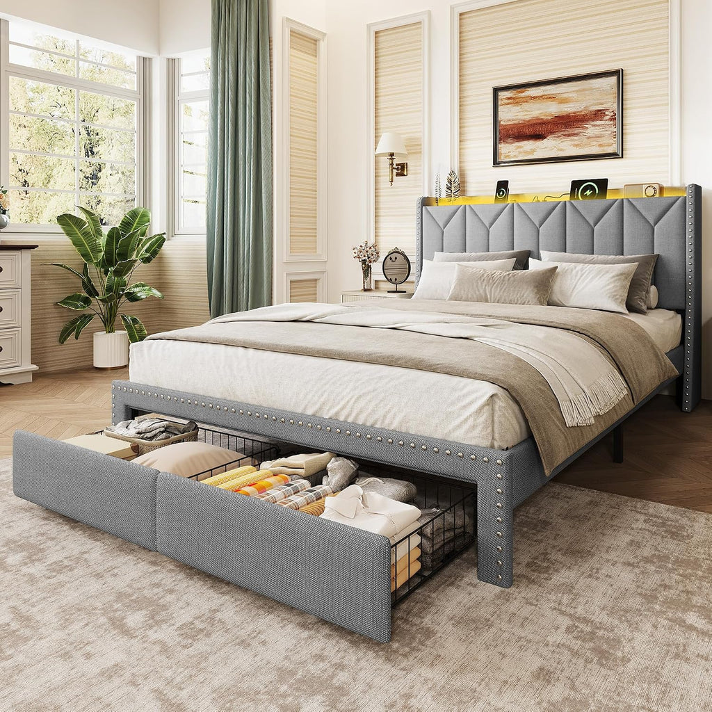 WLIVE Full Size Upholstered Bed Frame with 2 Drawers, Storage Headboard Platform Bed with Charging Station and LED Light, Sturdy Metal & Wooden Slats Support, No Box Spring Needed, Light Grey
