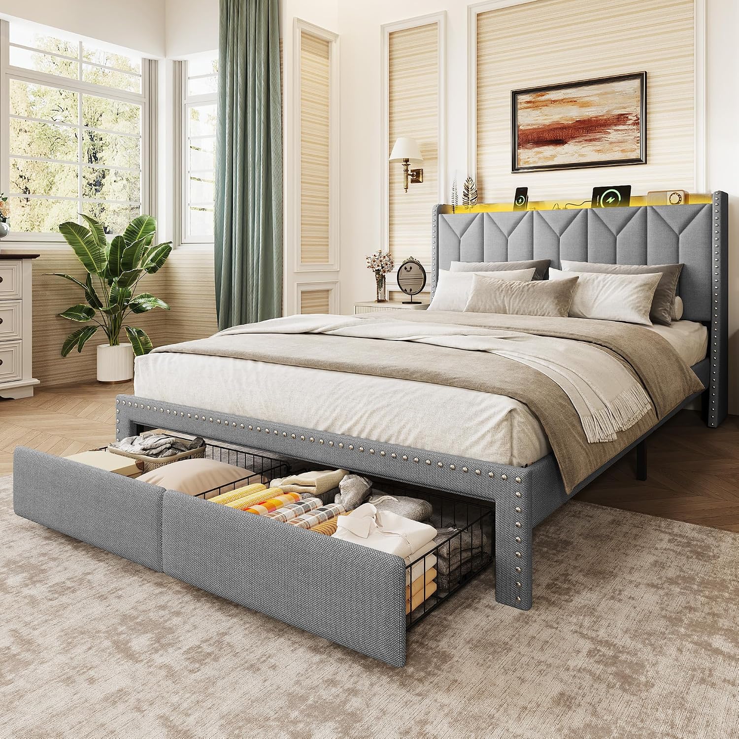 WLIVE Full Size Upholstered Bed Frame with 2 Drawers, Storage Headboard Platform Bed with Charging Station and LED Light, Sturdy Metal & Wooden Slats Support, No Box Spring Needed, Light Grey