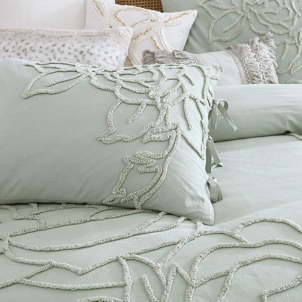 Peri Home 100% Cotton 3-Piece Sage Comforter and Sham Set, Green Chenille Rose, Full/Queen