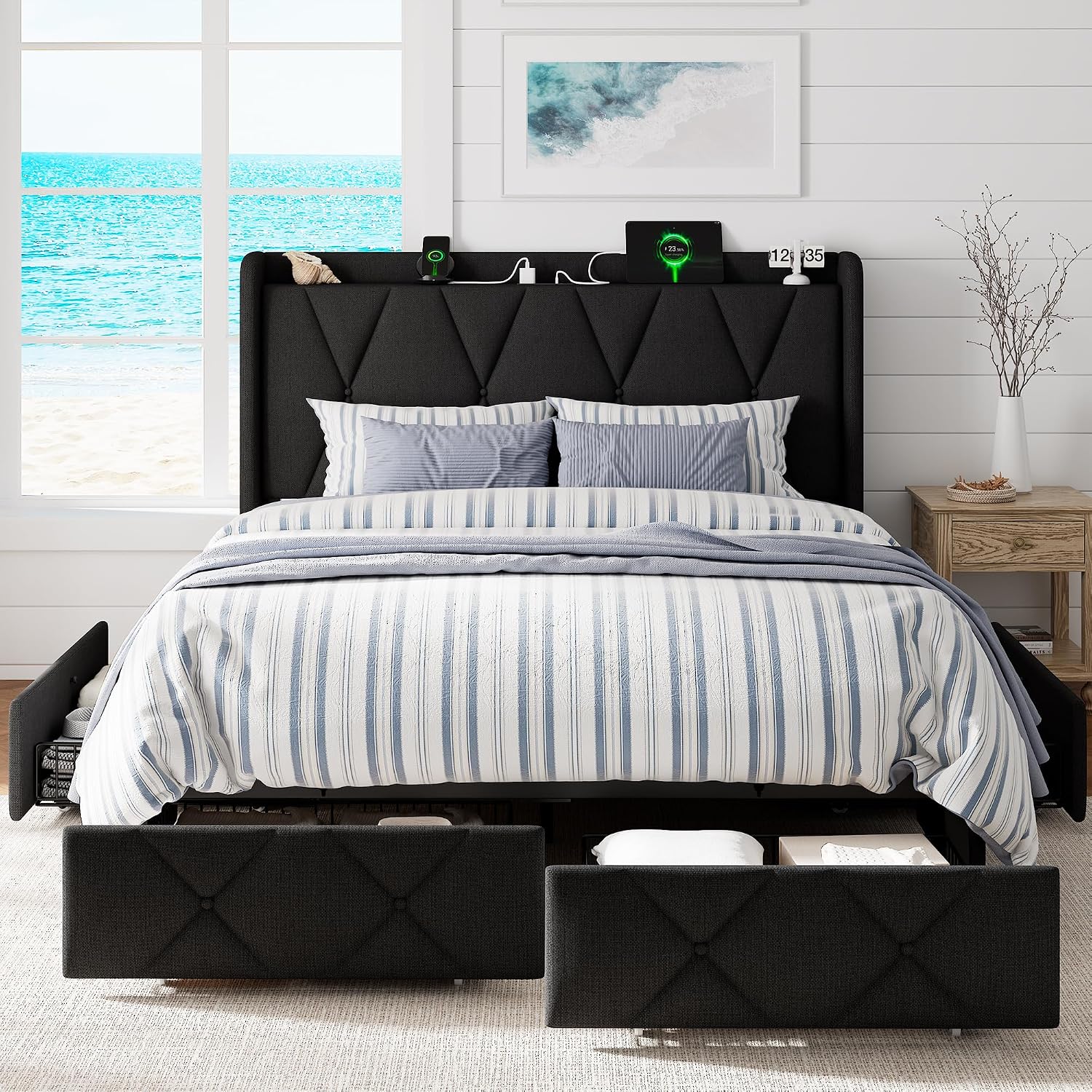 GalnFu Full Size Bed Frame with 4 Large Storage Drawers, Upholstered Platform Bed with Charging Station, Modern Wingback Storage Headboard, Easy Assembly,Noise-Free, Black