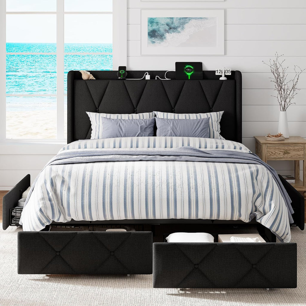 GalnFu Queen Bed Frame with 4 Storage Drawers, Upholstered Platform Bed with Charging Station, Modern Wingback Storage Headboard, Easy Assembly,Noise-Free, Black