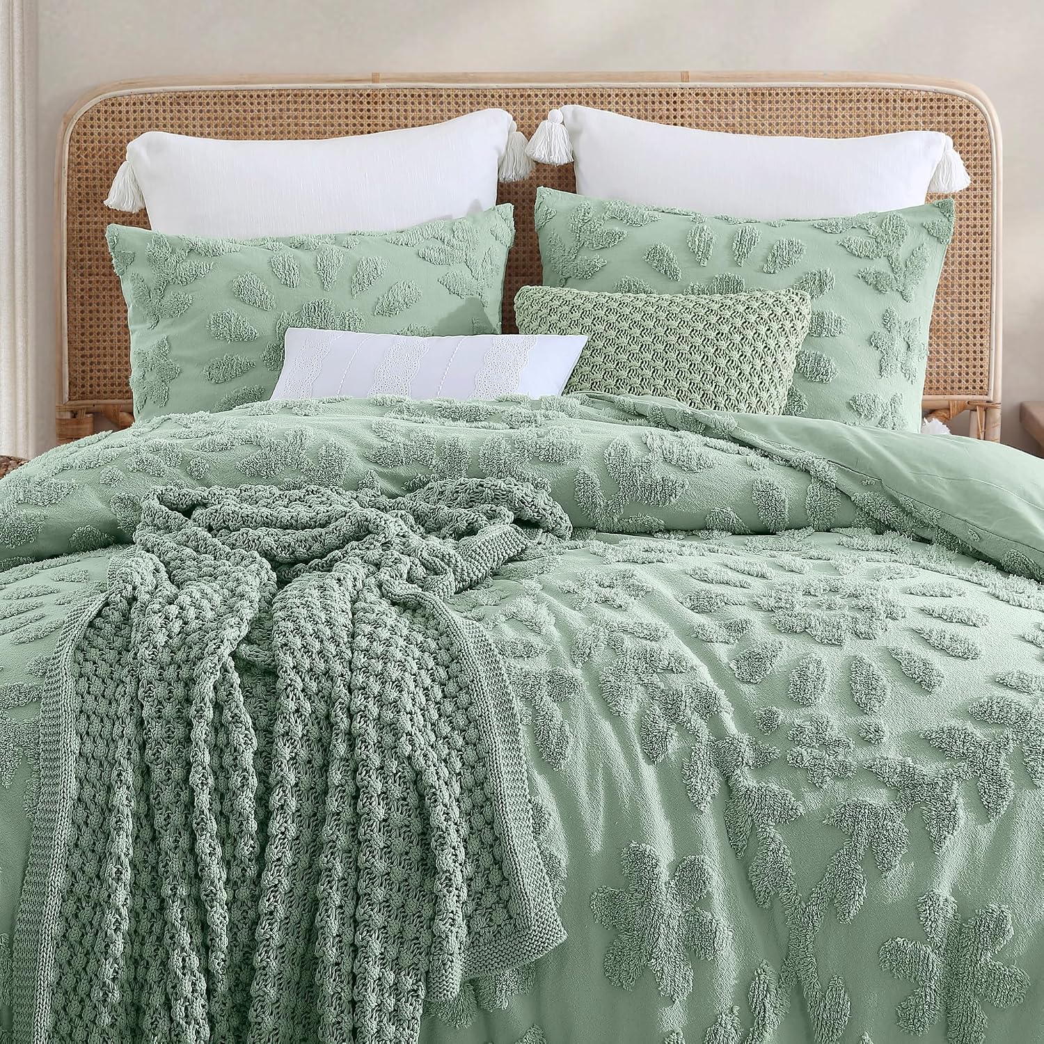 Peri Home 100% Cotton 3-Piece Comforter and Sham Set, King, Sage Chenille Laurel