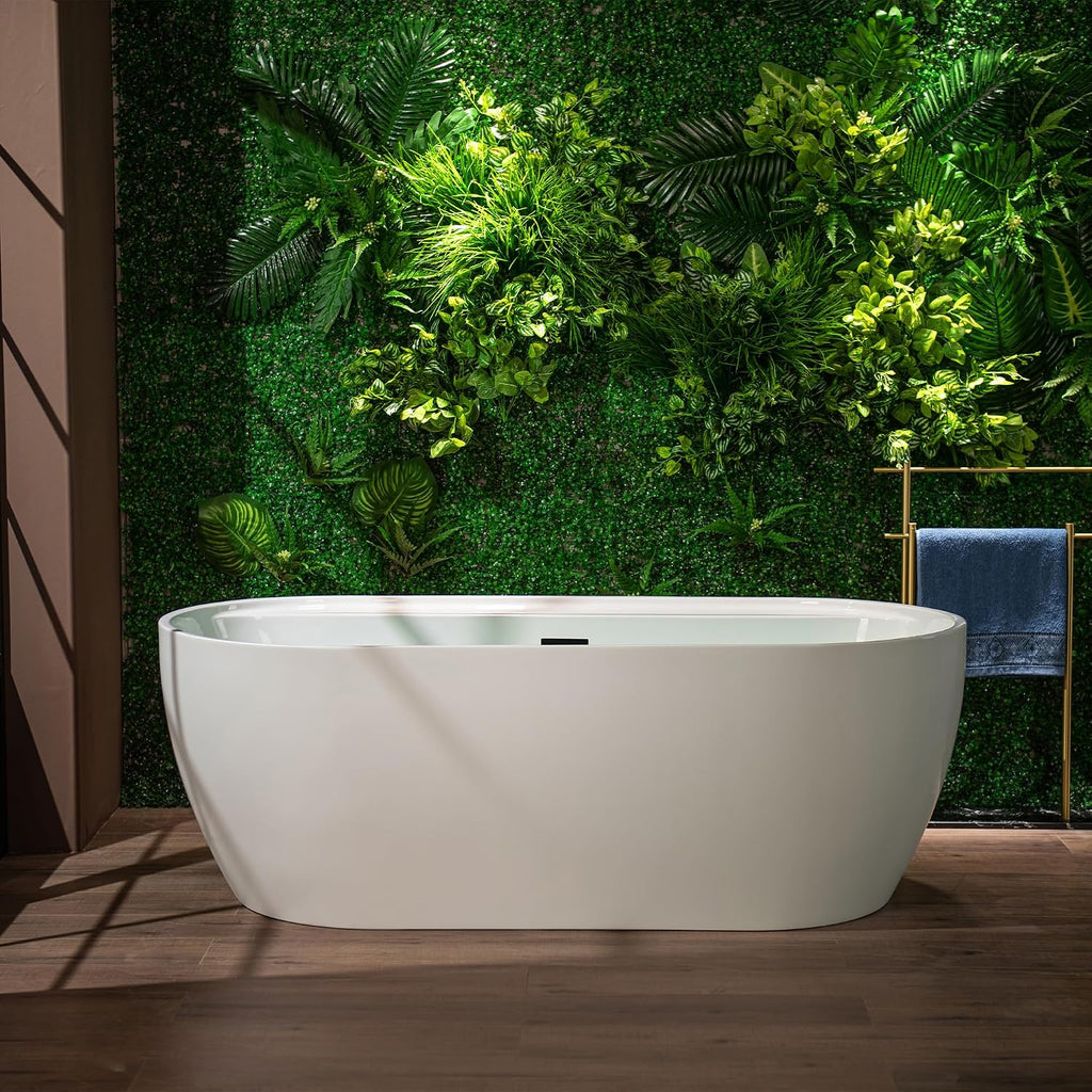 WOODBRIDGE 67' Acrylic Freestanding Bathtub Contemporary Soaking White Tub with Matte Black Overflow and Drain,B0063-MB