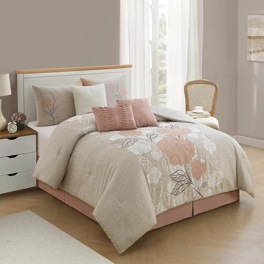 Grand Avenue Blush Bed Sets Queen with Comforter, 7 Piece, Bedding Comforters & Sets, Pillow Shams Bedskirt, Floral Comforters, Home Decor