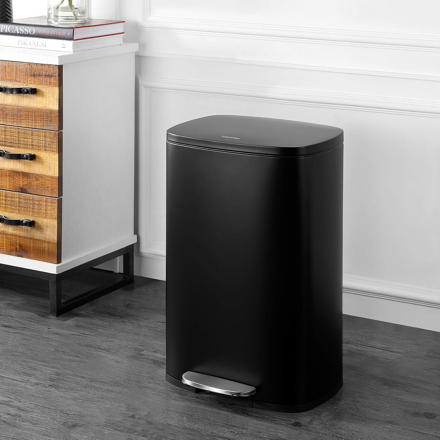 happimess HPM1006B Connor Rectangular 13-Gallon Trash Can with Soft-Close Lid and Free Mini Trash Can, Fingerprint Resistant, Modern, Minimalistic for Home, Kitchen, Office, Bathroom, Black