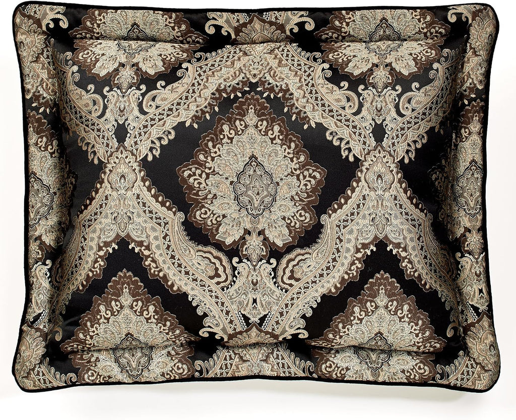 Fenmore Damask Medallion Oversized Luxury Bedding | Rich Black Taupe Silver Gray Wheat Almond | 4 Piece Comforter Set: Queen Comforter, 2 Standard Shams, and Bedskirt | Sophisticated Elegant Royal
