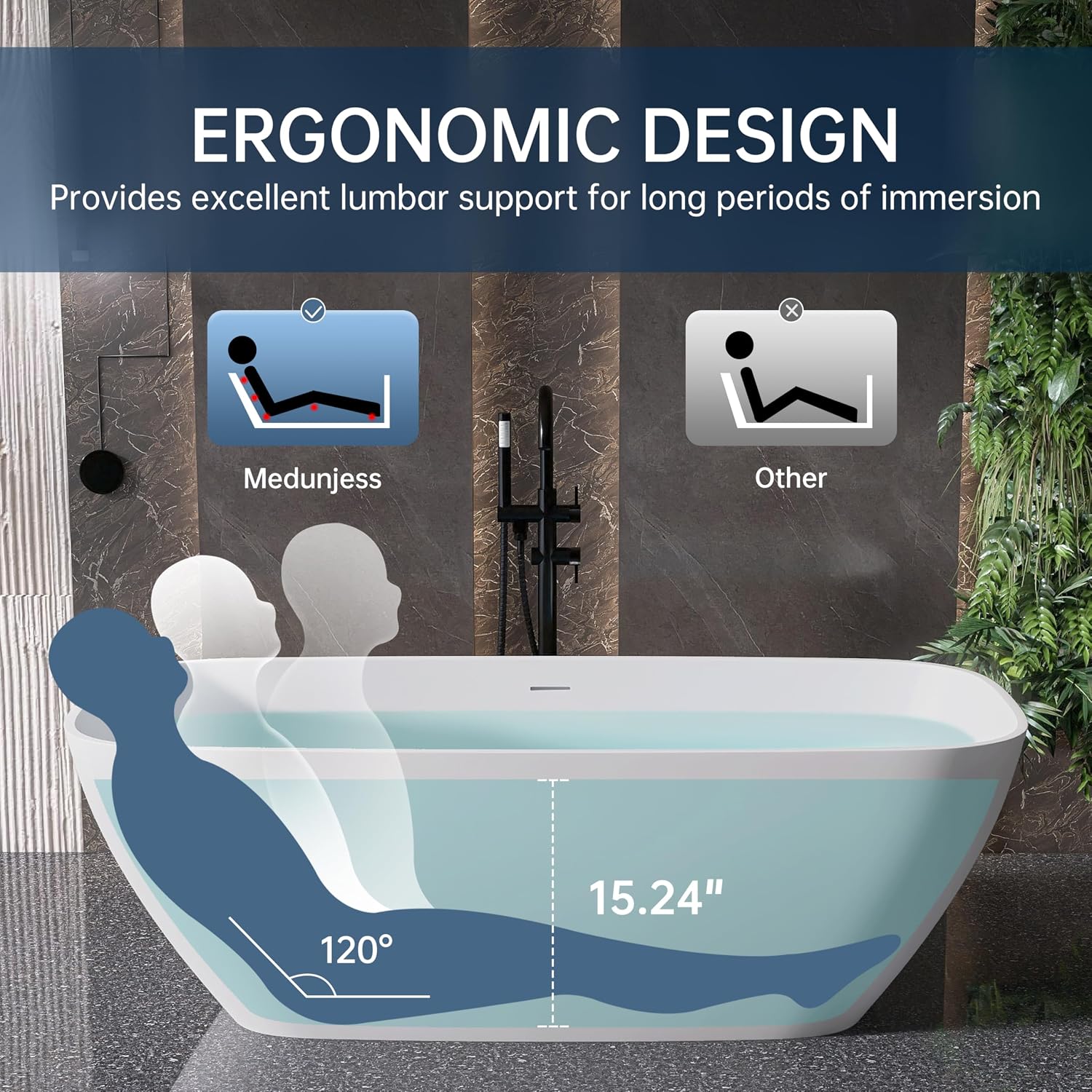 67'' Freestanding Bathtub Resin Stone Deep Soaking Tubs Solid Surface Matte Tub with Overflow and Pop-up Drain