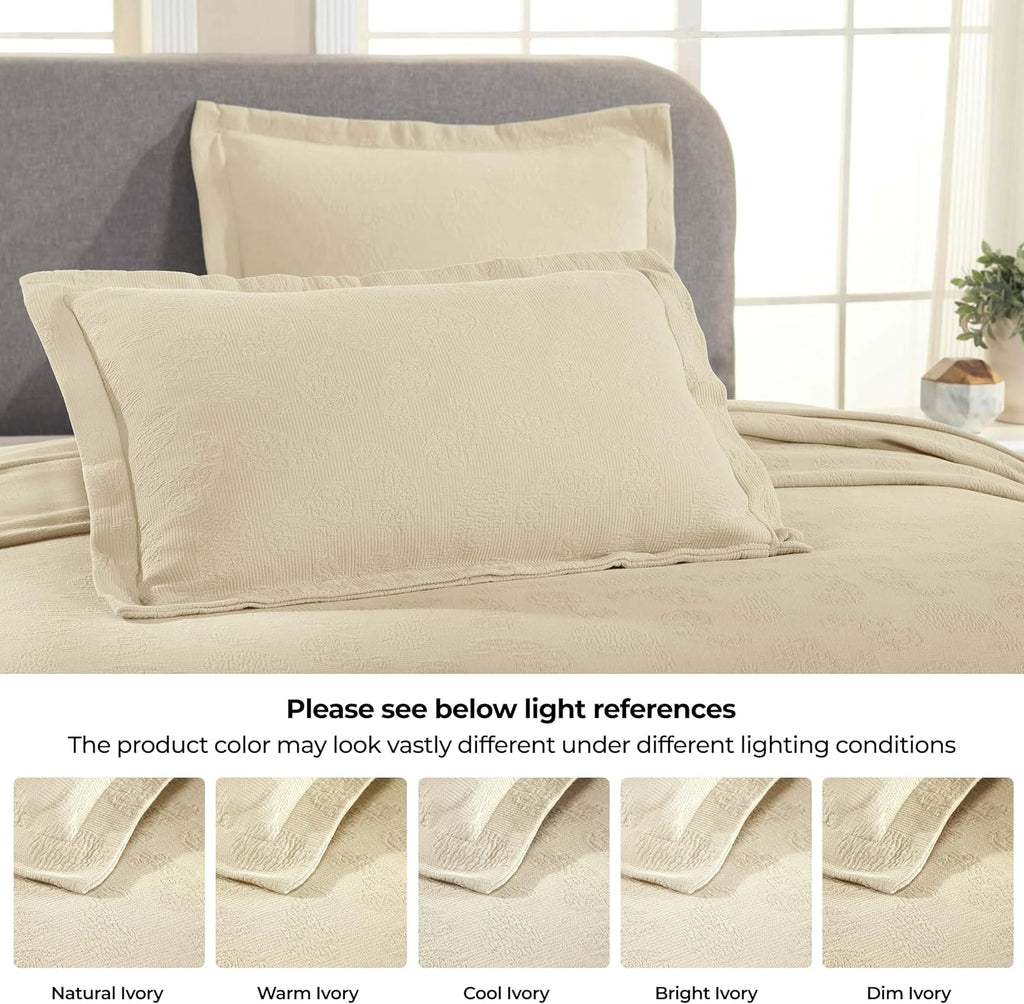 Superior Paisley 3 Piece Cotton Bedspread Set, Home Bed Decor, Decorative Bed Spread, 2 Pillow Shams, Medium Weight Blanket, Matelasse Coverlet Bedding, Vintage Floral Pattern, Queen, Ivory