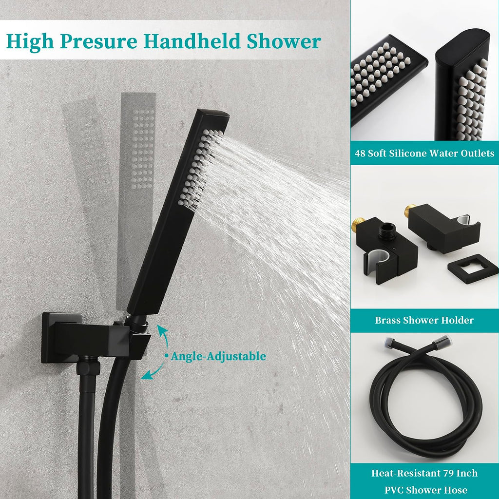 SKOWLL Shower Faucets Sets Complete Ceiling Mount 12 Inch LED Shower Head System with Handheld, Bathroom Rainfall Shower Fixtures Valve Kit, 3 Color Changing Showerhead, Matte Black
