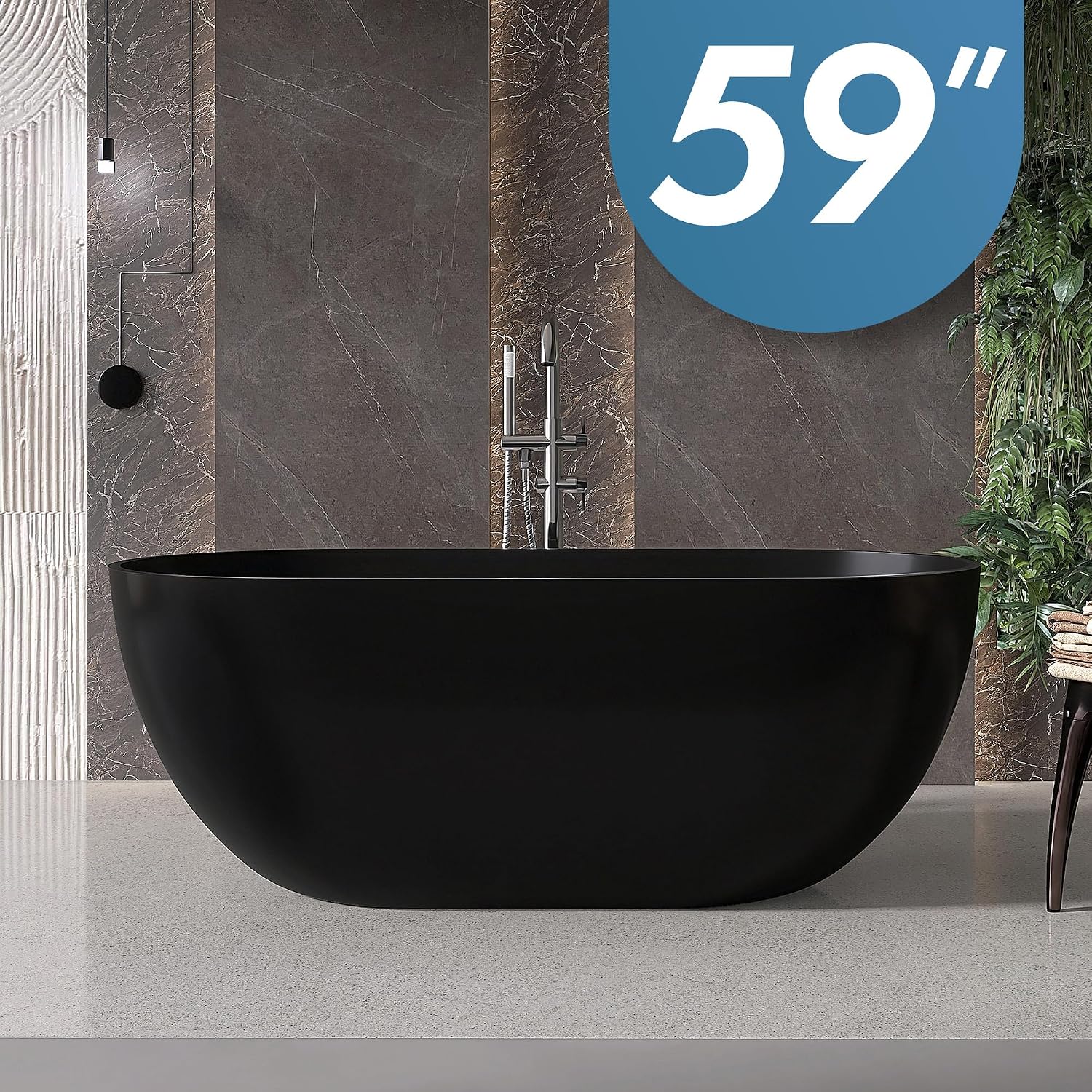 59'' Resin Stone Freestanding Bathtub, Matte Black Soaking Tub Solid Surface Modern Tubs with Overflow and Pop-up Drain in