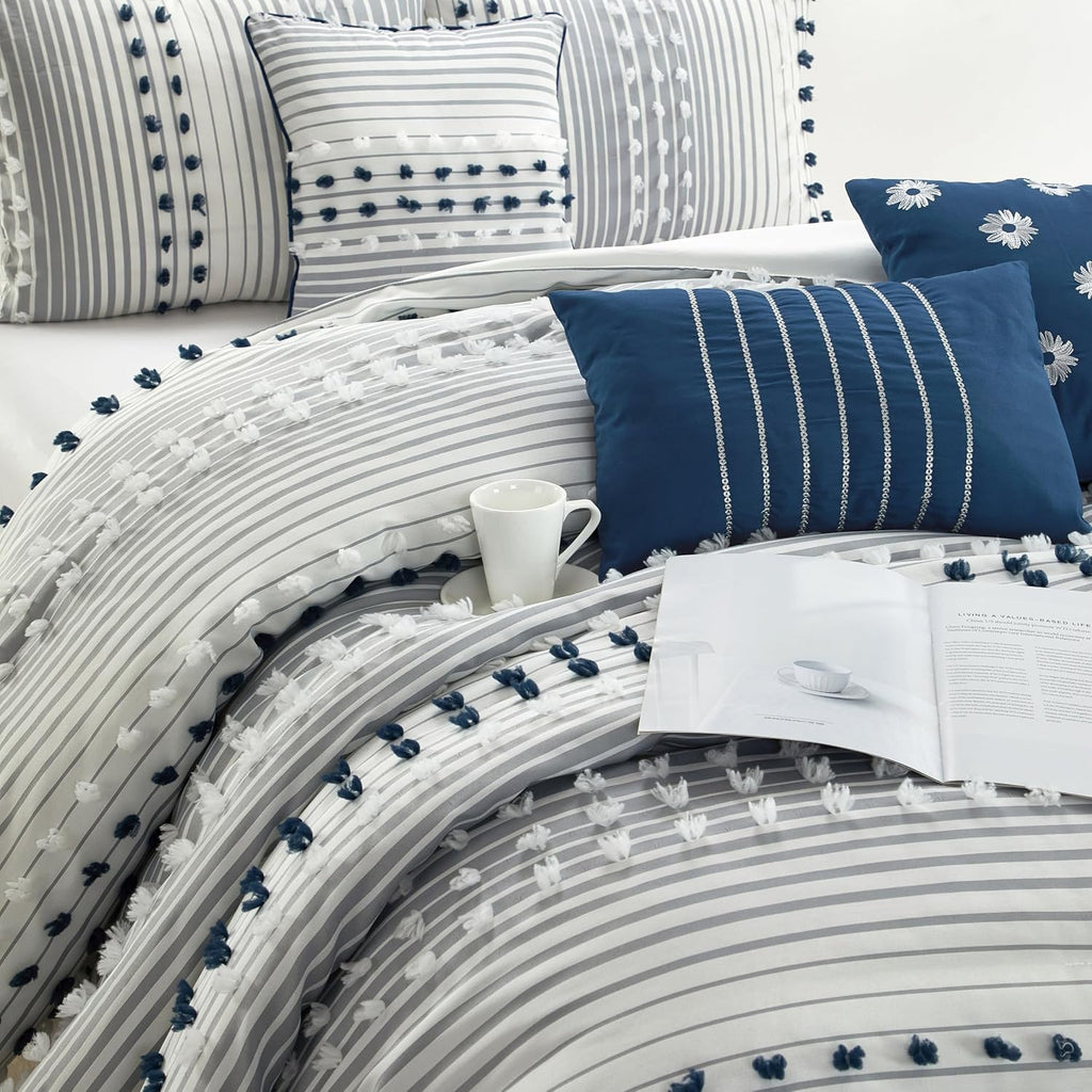 Stratford Park Blue Striped Dots King Size Comforter Sets, 7 Piece, Jaquard & Clip Bedding Sets & Collections, Bedskirt, Pillows & Shams, All Season Bedding Set