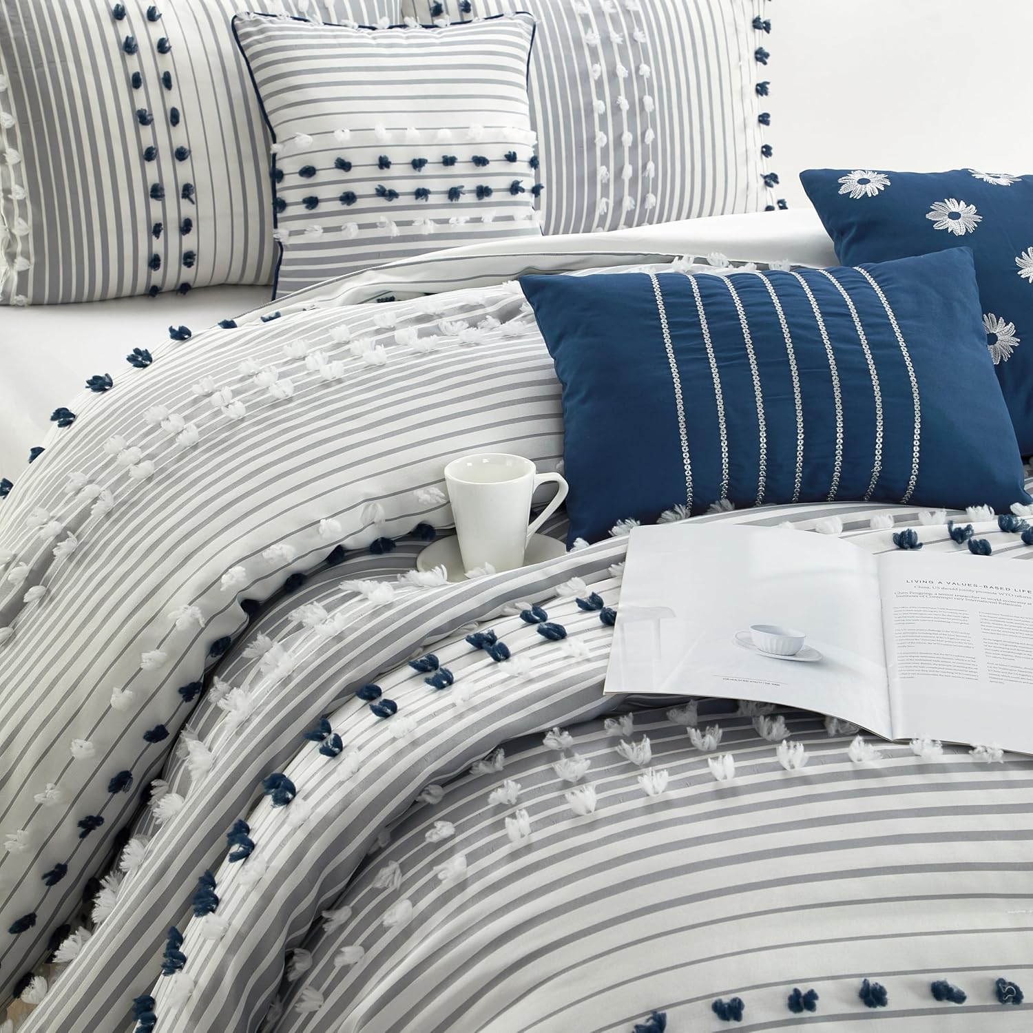 Stratford Park Blue Striped Dots King Size Comforter Sets, 7 Piece, Jaquard & Clip Bedding Sets & Collections, Bedskirt, Pillows & Shams, All Season Bedding Set