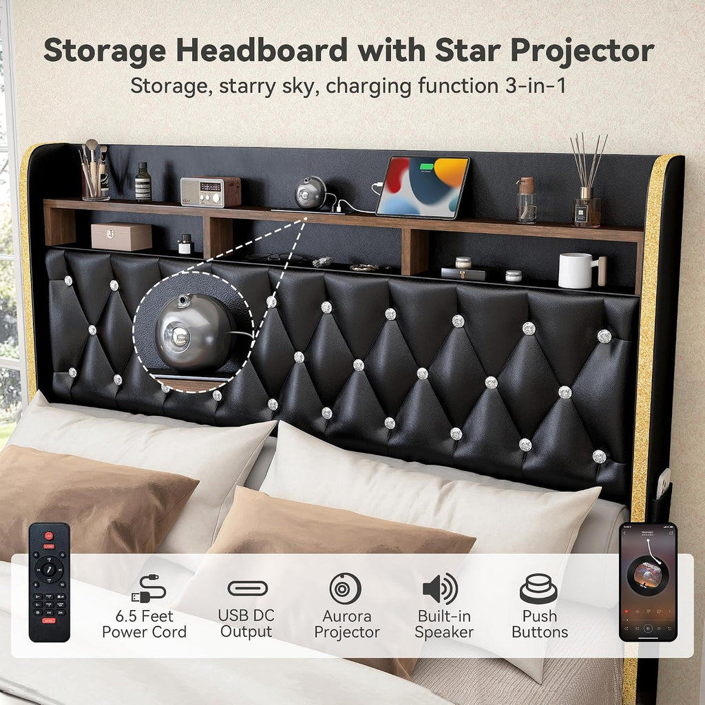 Torana Queen LED Bed Frame with 2 Drawers, 53' Tall Platform Beds with Galaxy Star Projector Charging Station, PU Upholstered Diamond Tufted Aurora Bedframe with Storage Headboard, Black