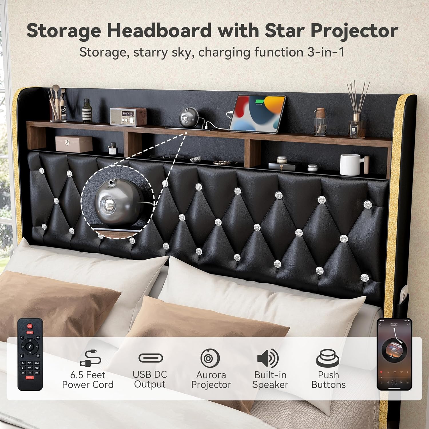 Torana King LED Bed Frame with 2 Drawers, 53' Tall Platform Beds with Galaxy Star Projector Charging Station, PU Upholstered Diamond Tufted Aurora Bedframe with Storage Headboard, Black