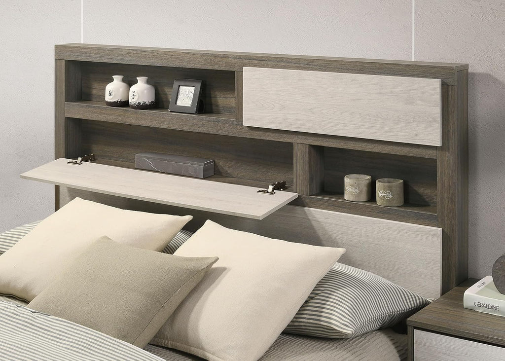 Coaster Home Furnishings Fenwick Contemporary 4-Piece Bedroom Set Queen Size Bookcase Bed Frame 48-inch Headboard Grey Oak/Almond 224981Q-S4