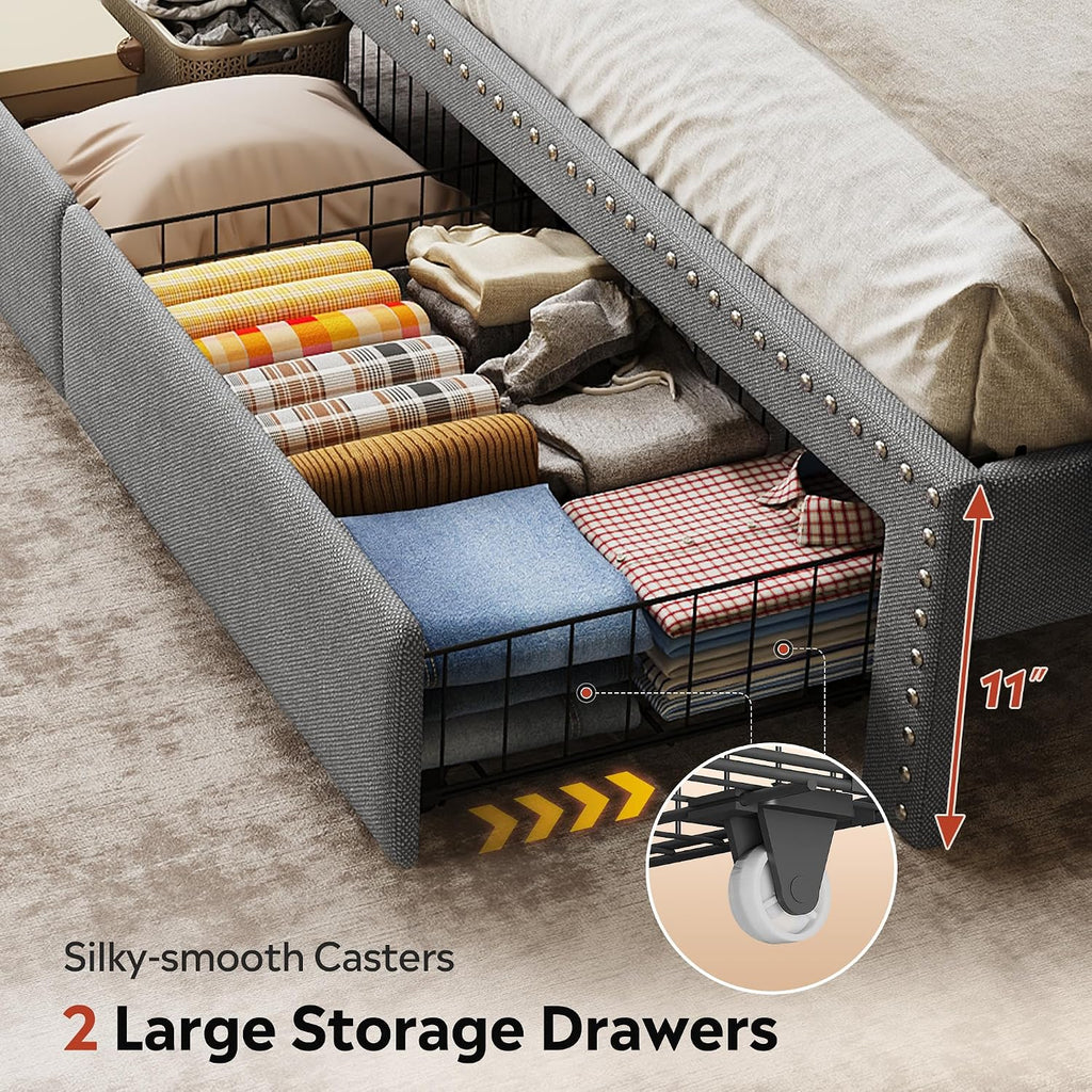 WLIVE Full Size Upholstered Bed Frame with 2 Drawers, Storage Headboard Platform Bed with Charging Station and LED Light, Sturdy Metal & Wooden Slats Support, No Box Spring Needed, Light Grey