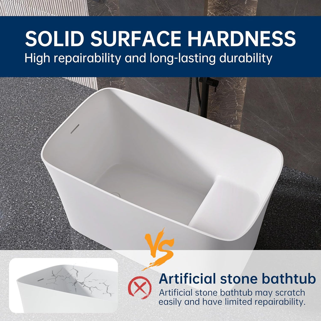 47' Stone Resin Freestanding Bathtub, Freestanding Bathtub with seat,Oval Solid Surface Japanese Soaking Bathtubs with Drain & Integrated Slotted Overflow Matte White MG003-1200