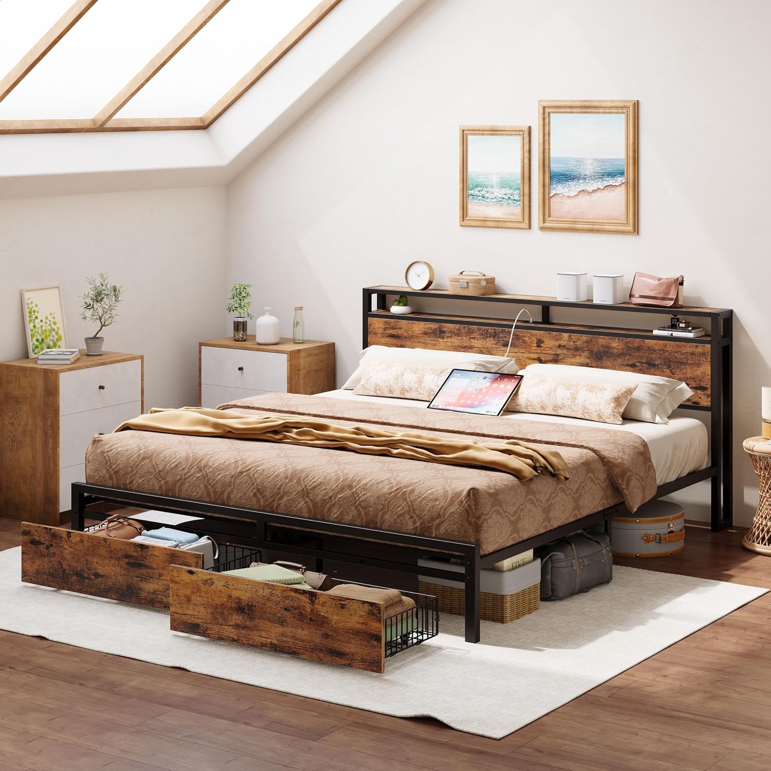 LIKIMIO California King Bed Frame with Storage Headboard, Platform Bed with Drawers and Charging Station, No Box Spring Needed, Easy Assembly, Vintage Brown