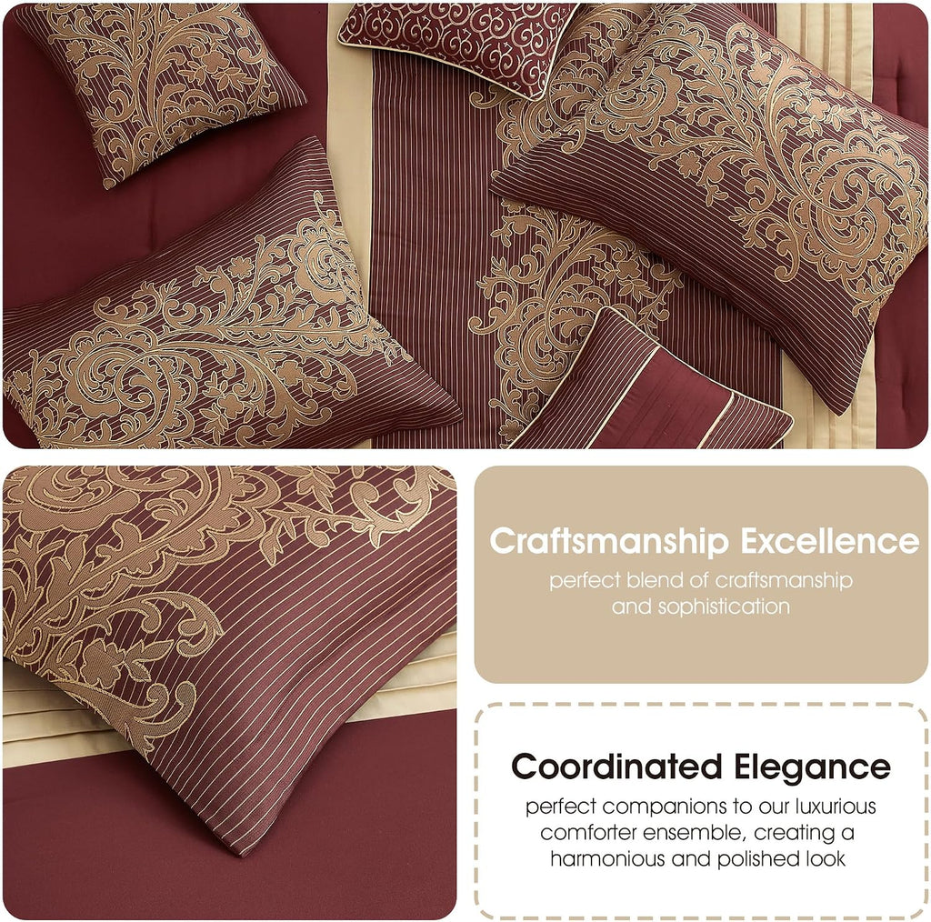 Grand Avenue Geometric Red and Gold Comforter Set California King Size, 7 Piece Jacquard Bedding Set, Ultra-Soft, Bedskirt, Pillows & Shams