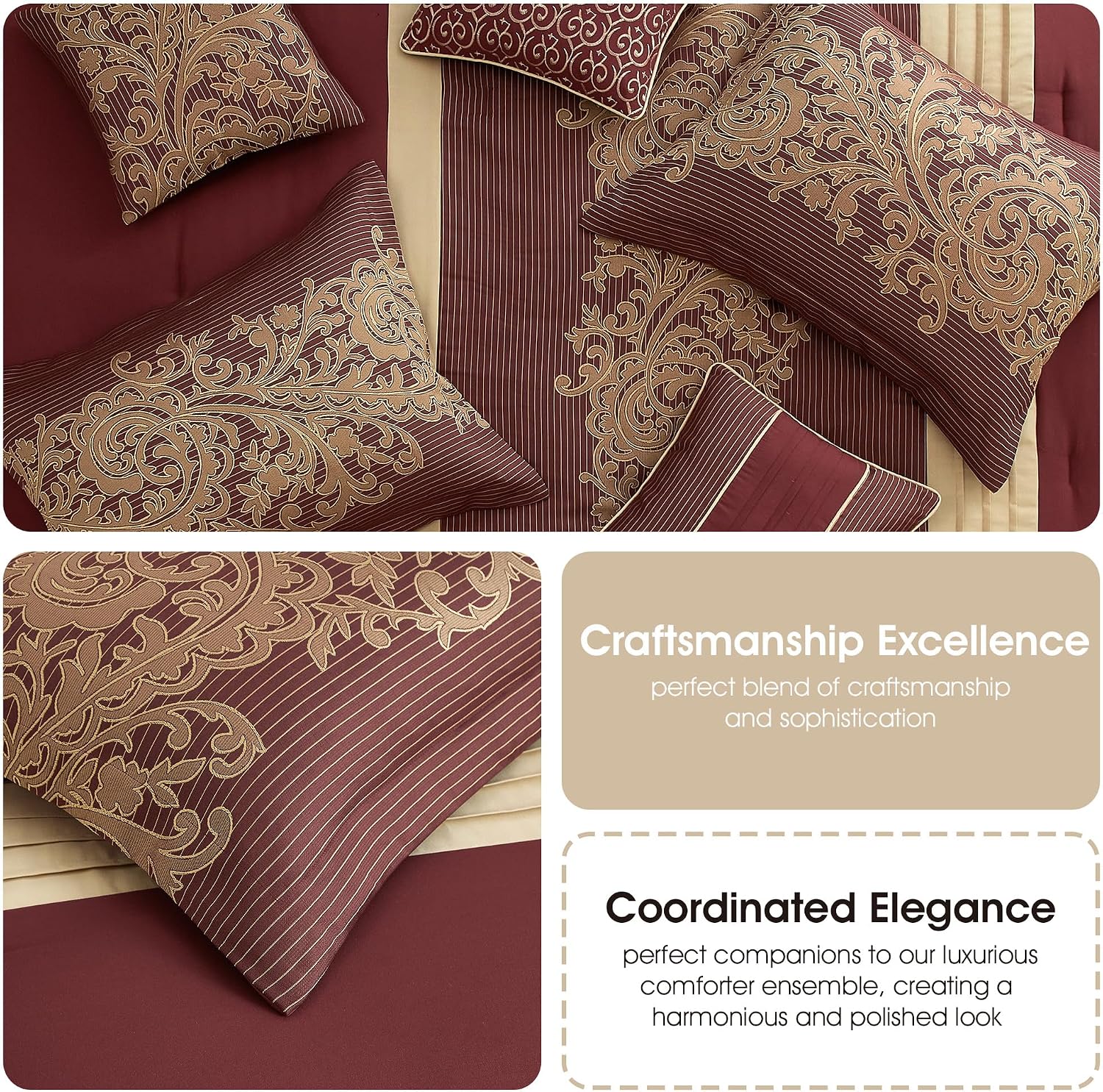 Grand Avenue Geometric Red and Gold Comforter Set California King Size, 7 Piece Jacquard Bedding Set, Ultra-Soft, Bedskirt, Pillows & Shams