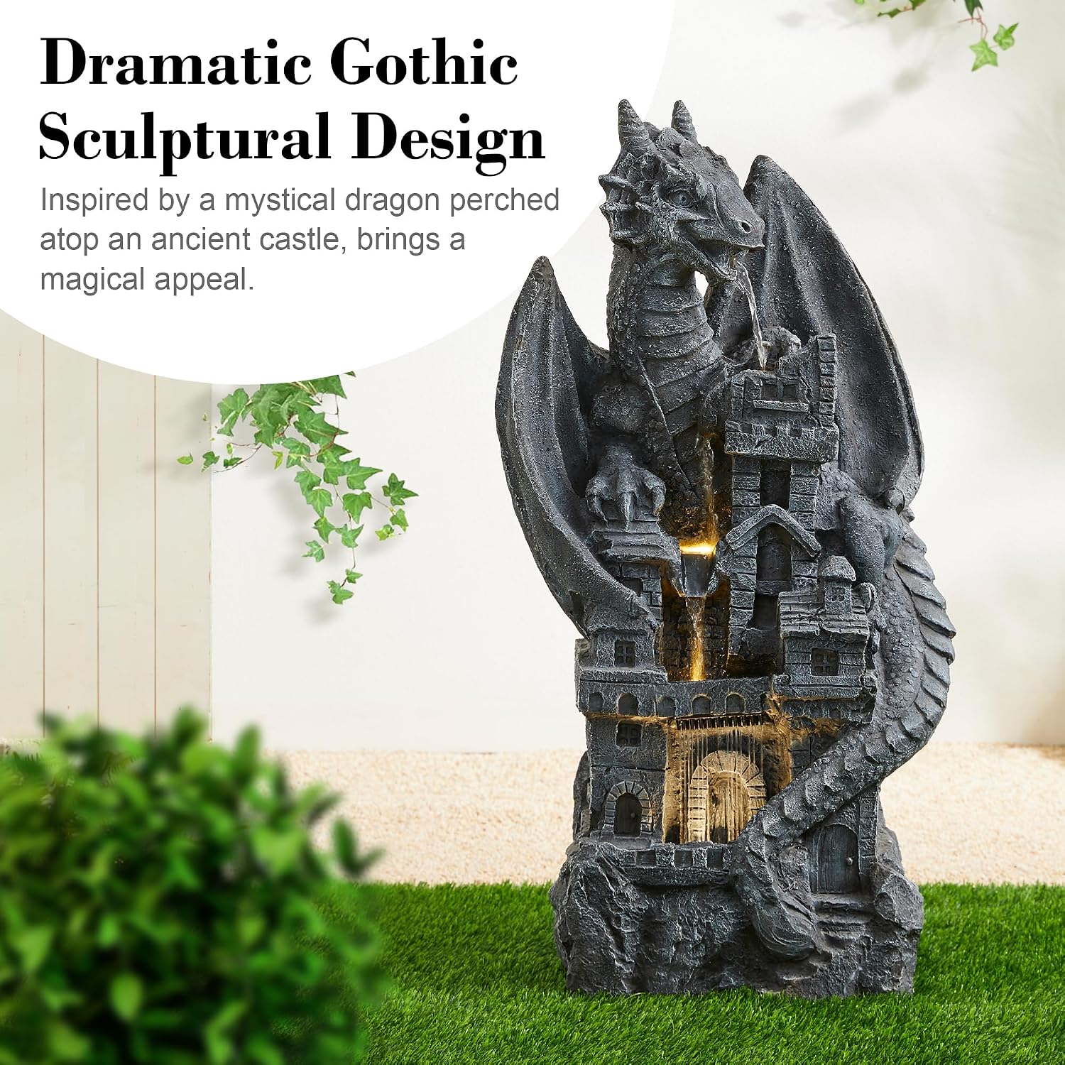 Glitzhome Outdoor Fountain 37' H, 4-Tiered Waterfall Indoor Water Fountain Freestanding Water Feature Fountains with Pump & LED Lights Outside Garden Backyard Decor, Gothic Dragon