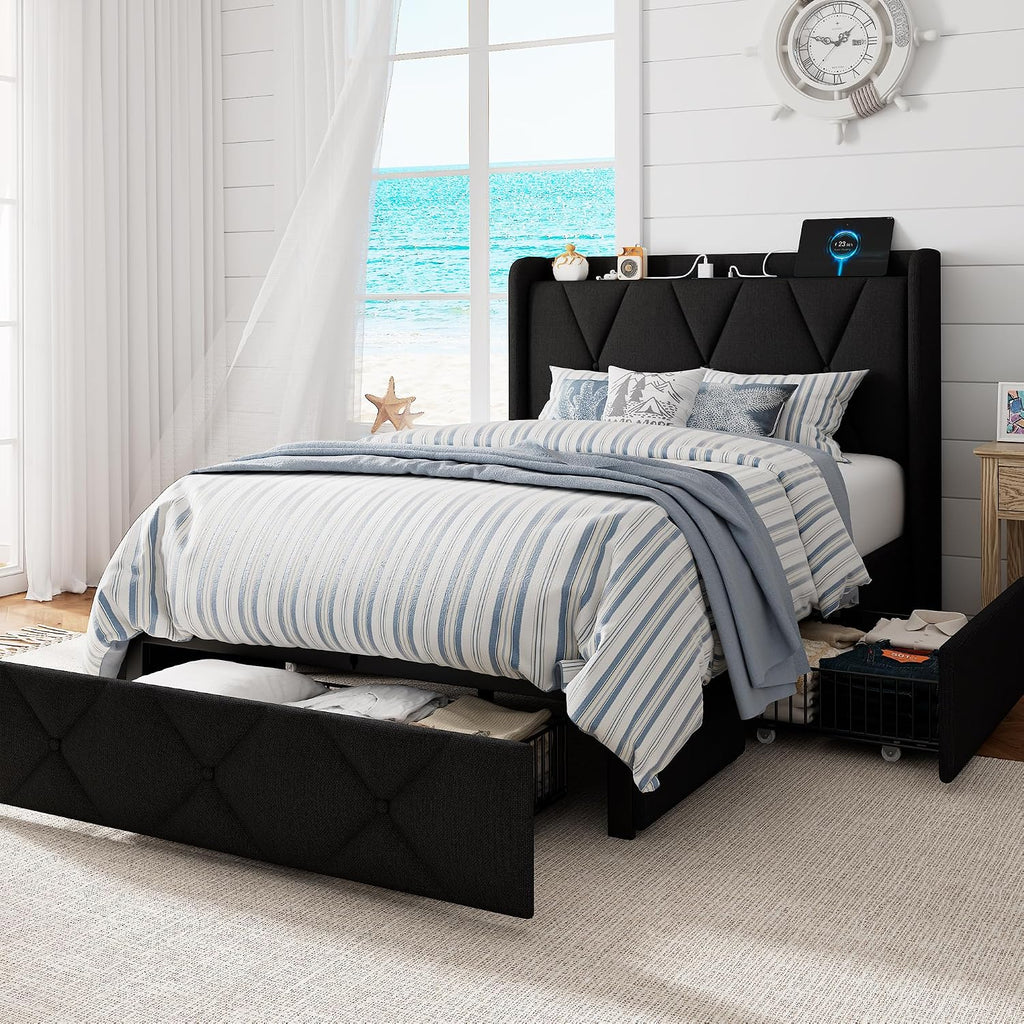 GalnFu Twin Bed Frame with 4 Large Storage Drawers, Upholstered Platform Bed with Charging Station, Modern Wingback Storage Headboard, Easy Assembly,Noise-Free, Black