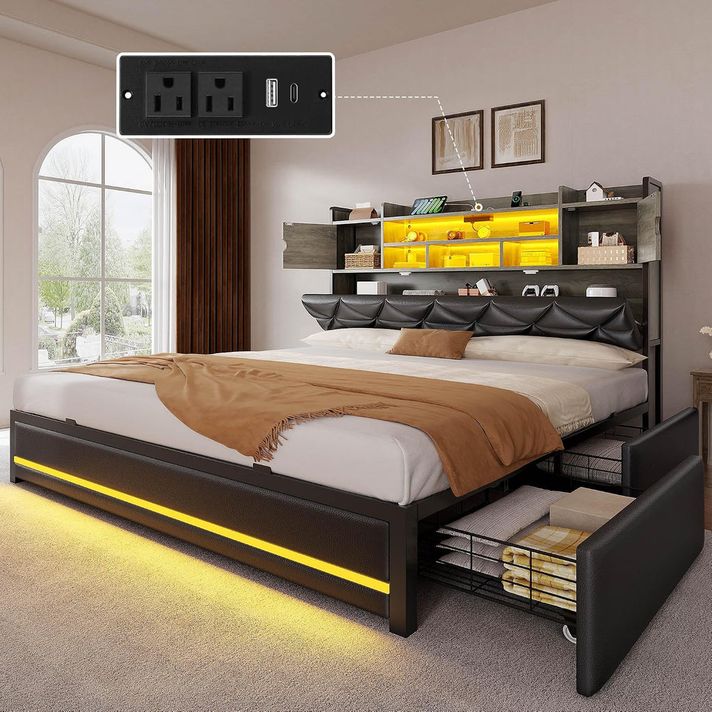 DWVO Queen Size Bed Frame with RGB LED Lights & Storage Bookcase Headboard, Upholstered Bed with Charging Station and 4 Drawers, No Box Spring Needed, Easy Assembly, Noise-Free, PU Leather Black