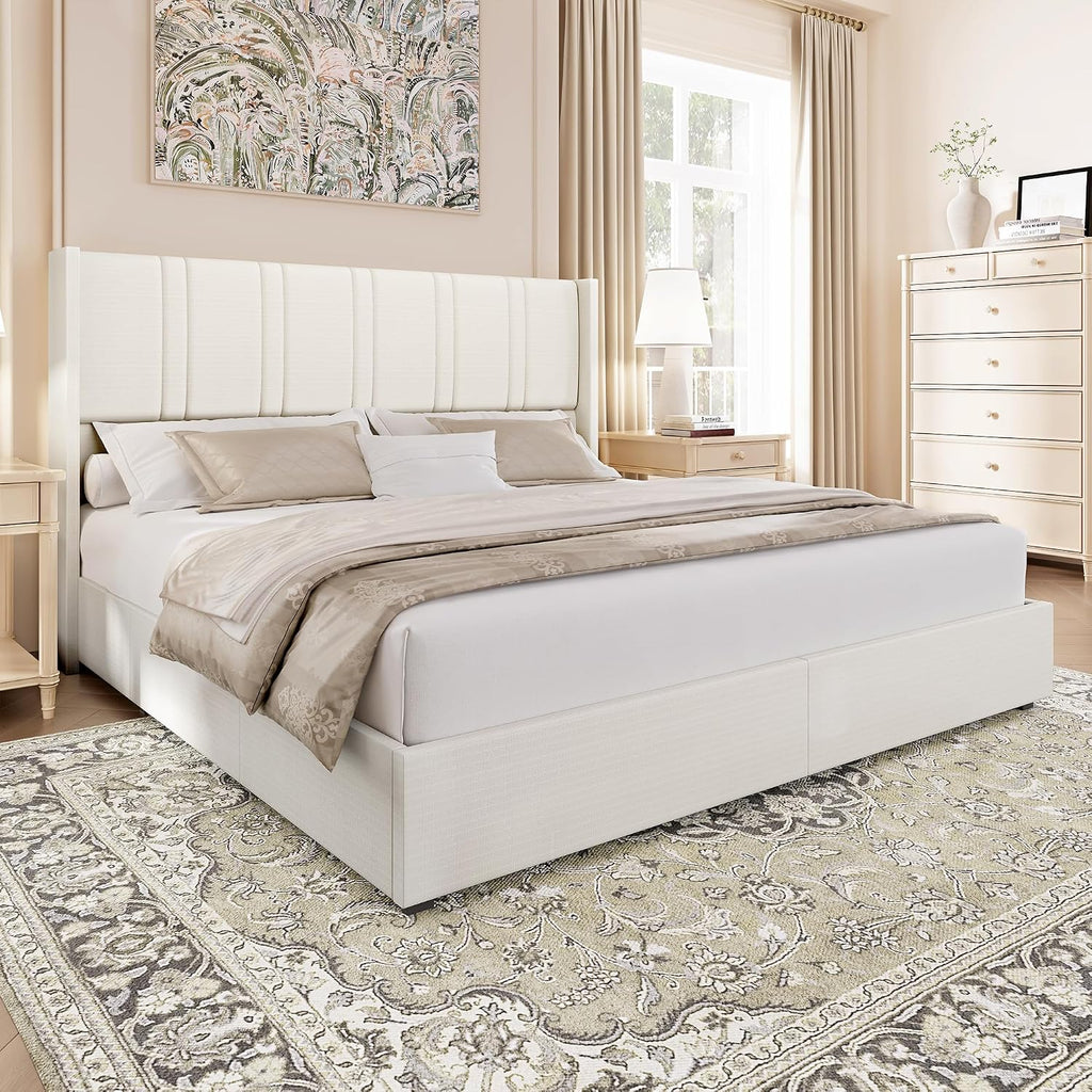 BRELTAM Queen Size Bed Frame with 4 Storage Drawers Linen Upholstered Platform Bed with Wingback Headboard, No Box Spring Needed, Easy Assembly, White
