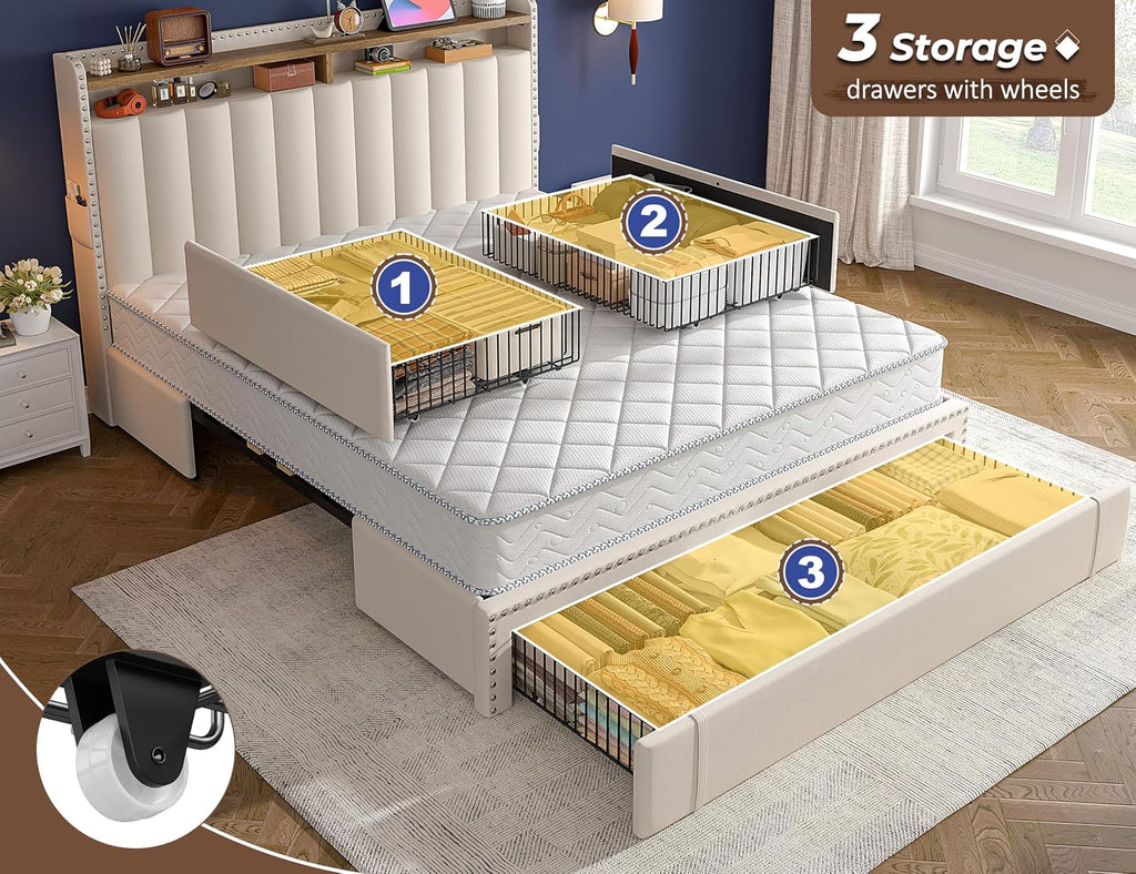 EnHomee Queen Bed Frame with 3 Storage Drawers & Upholstered Queen Size Bed Frame with 2-Tier Storage Headboard, Wooden Slats Support, No Box Spring Needed, Beige
