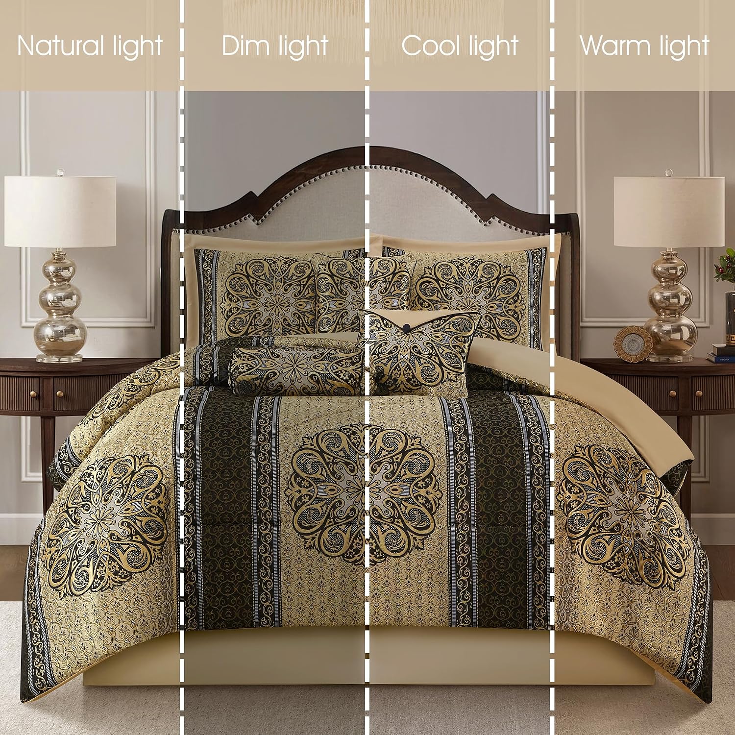 Grand Avenue Medallion 7 Piece Black Gold Comforter Set, King Size Jacquard Bedding, All Season Bedding Set, Bed Skirt, Pillows & Shams