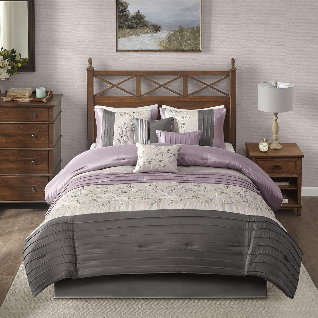 Madison Park Serene Faux Silk Comforter Set - Floral Embroidery Design, All Season Bedding Set, Matching Bed Skirt, Decorative Pillows, Purple Queen(90'x90') 7 Piece