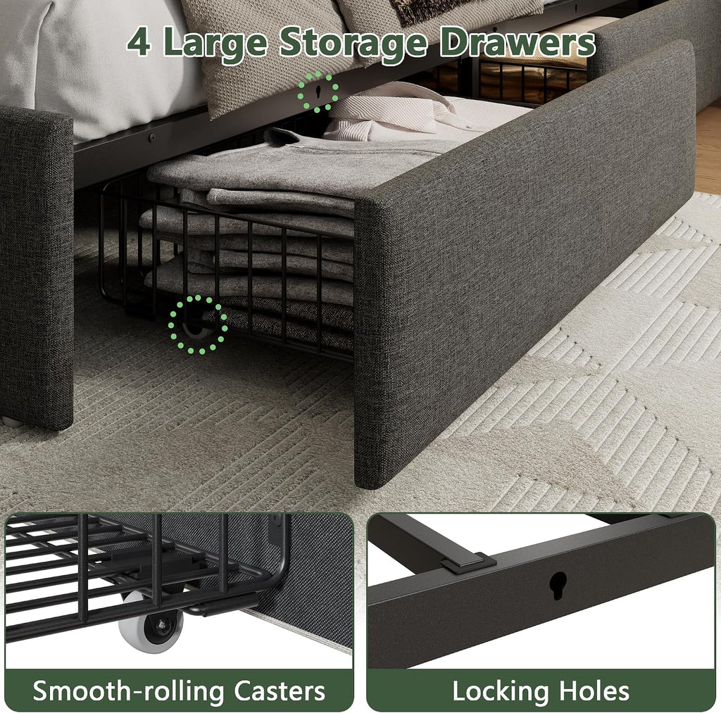 Forestell Full Size Bed Frame with 4 Drawers and Storage Headboard, Grey Upholstered Platform Bed Frame Full Size with Charging Station and LED Lights, Metal Slats Support, No Box Spring Needed