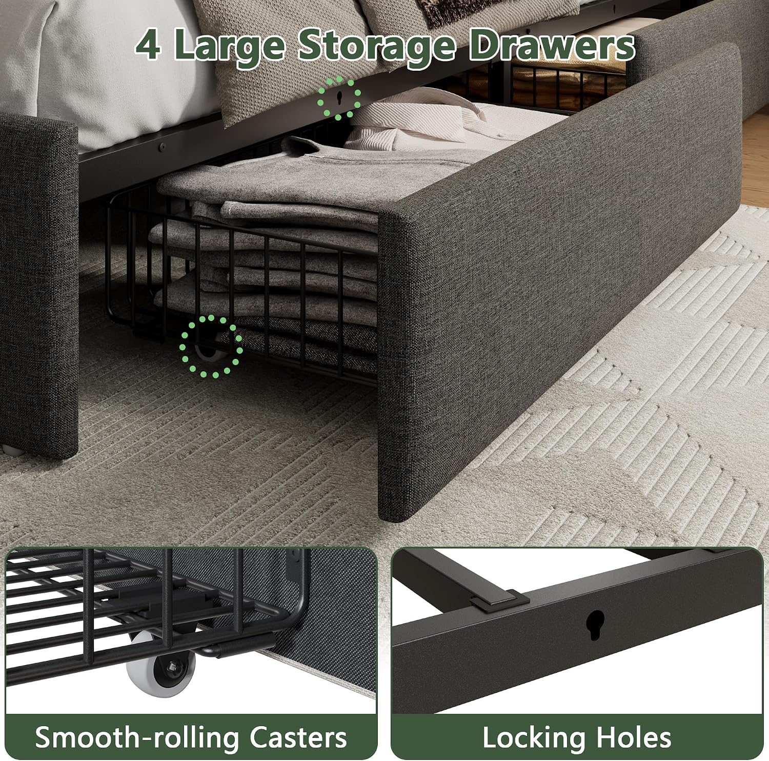 Forestell Full Size Bed Frame with 4 Drawers and Storage Headboard, Grey Upholstered Platform Bed Frame Full Size with Charging Station and LED Lights, Metal Slats Support, No Box Spring Needed