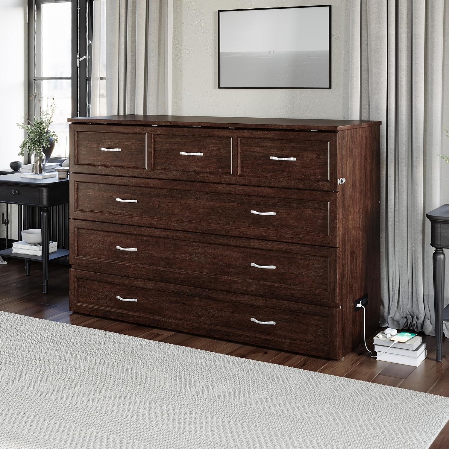 AFI, Northfield Murphy Bed Chest Queen with 6' Mattress, Storage Drawer & Built-in USB Charger, Burnt Amber