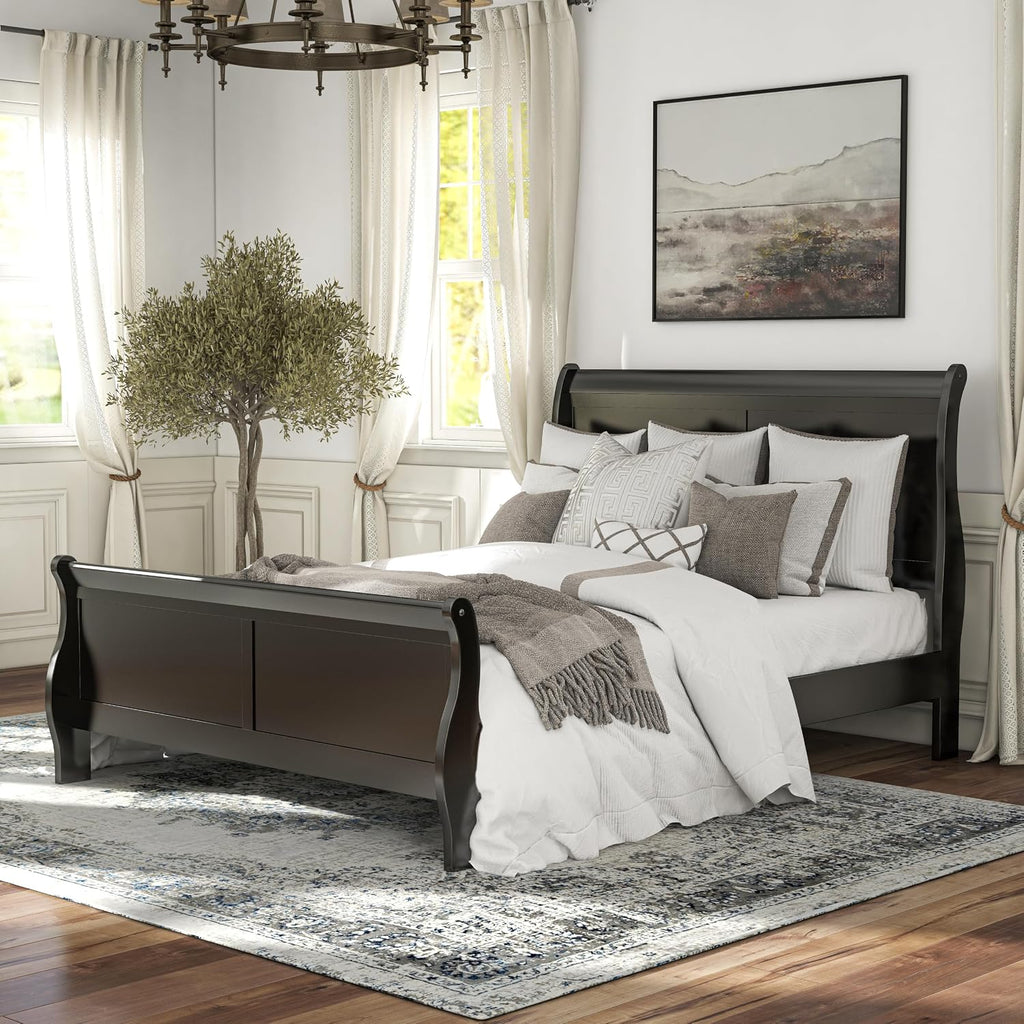 Furniture of America Louis Philippe Traditional Wood King Bed Frame with Headboard and Footboard, Elegant Sleigh Design Bedframe for Bedroom, Guest Room, Easy Assembly, Box Spring Required, Black