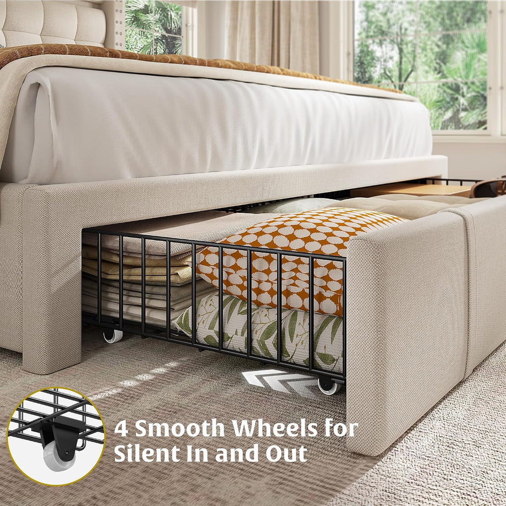 EnHomee Full Bed Frame with Adjustable Headboard &3 Storage Drawers,Upholstered Bed Frame Full Size with LED Light,No Box Spring Needed,Noise Free,Easy Assembly,Beige