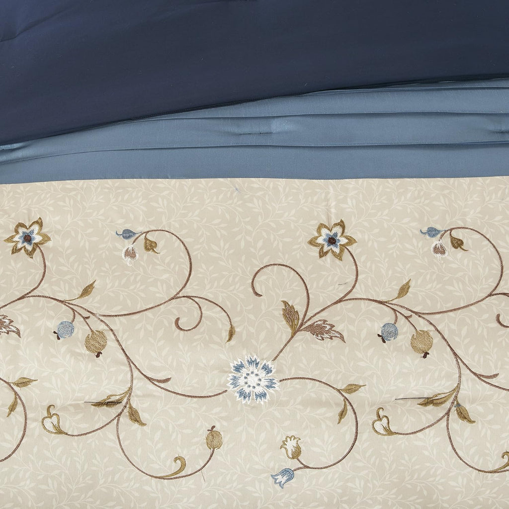 Madison Park Serene Faux Silk Comforter Set - Floral Embroidery Design, All Season Bedding Set, Matching Bed Skirt, Decorative Pillows, Navy Cal King(104'x92') 7 Piece