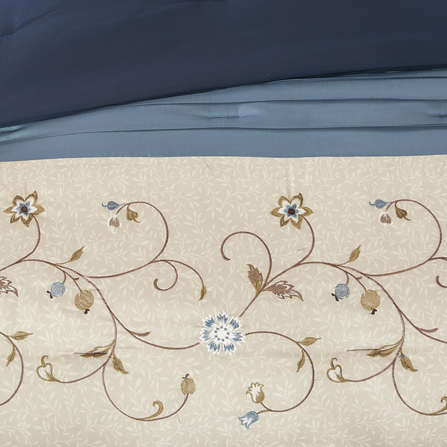 Madison Park Serene Faux Silk Comforter Set - Floral Embroidery Design, All Season Bedding Set, Matching Bed Skirt, Decorative Pillows, Navy Cal King(104'x92') 7 Piece