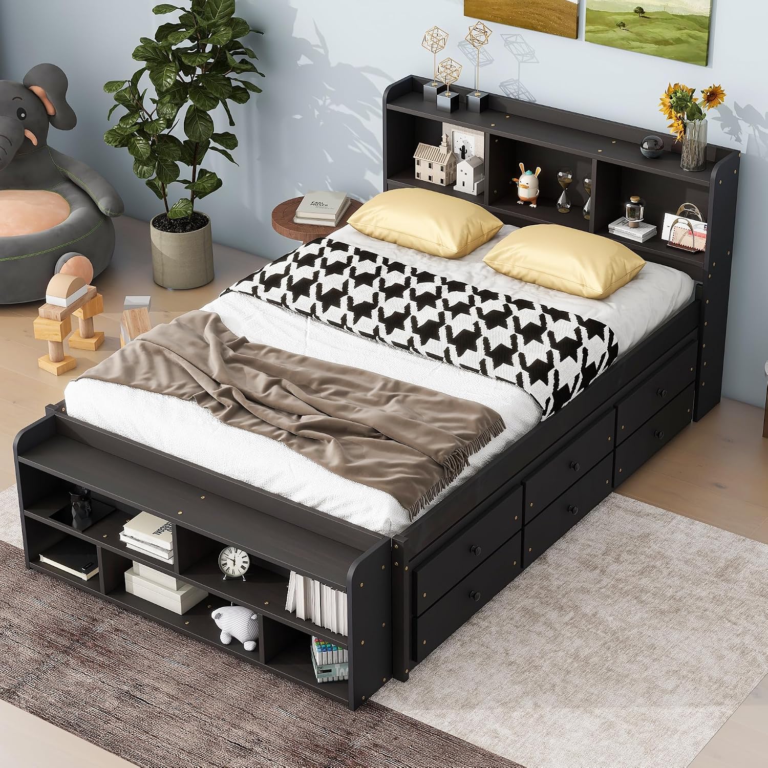 Modern Full Size Platform Bed with Bookcase Storage Headboard, Wood Captain Platform Bed Frame with 6 Drawers and Bed End Storage Case, Sturdy Slat Support, Maximize Space (Espresso-I4)